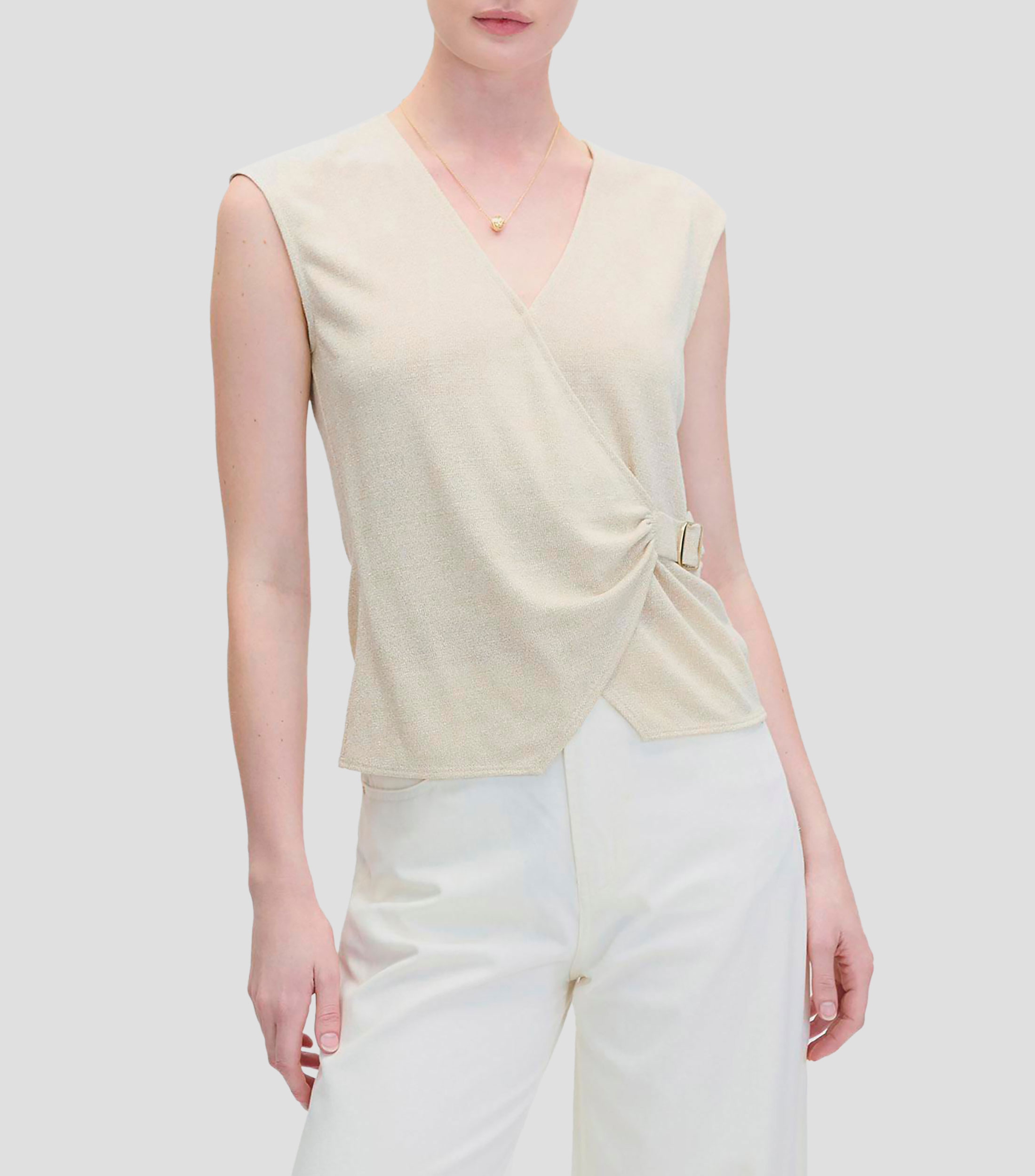 Blusa de Punto Envolvente Champagne con Lúrex Mujer