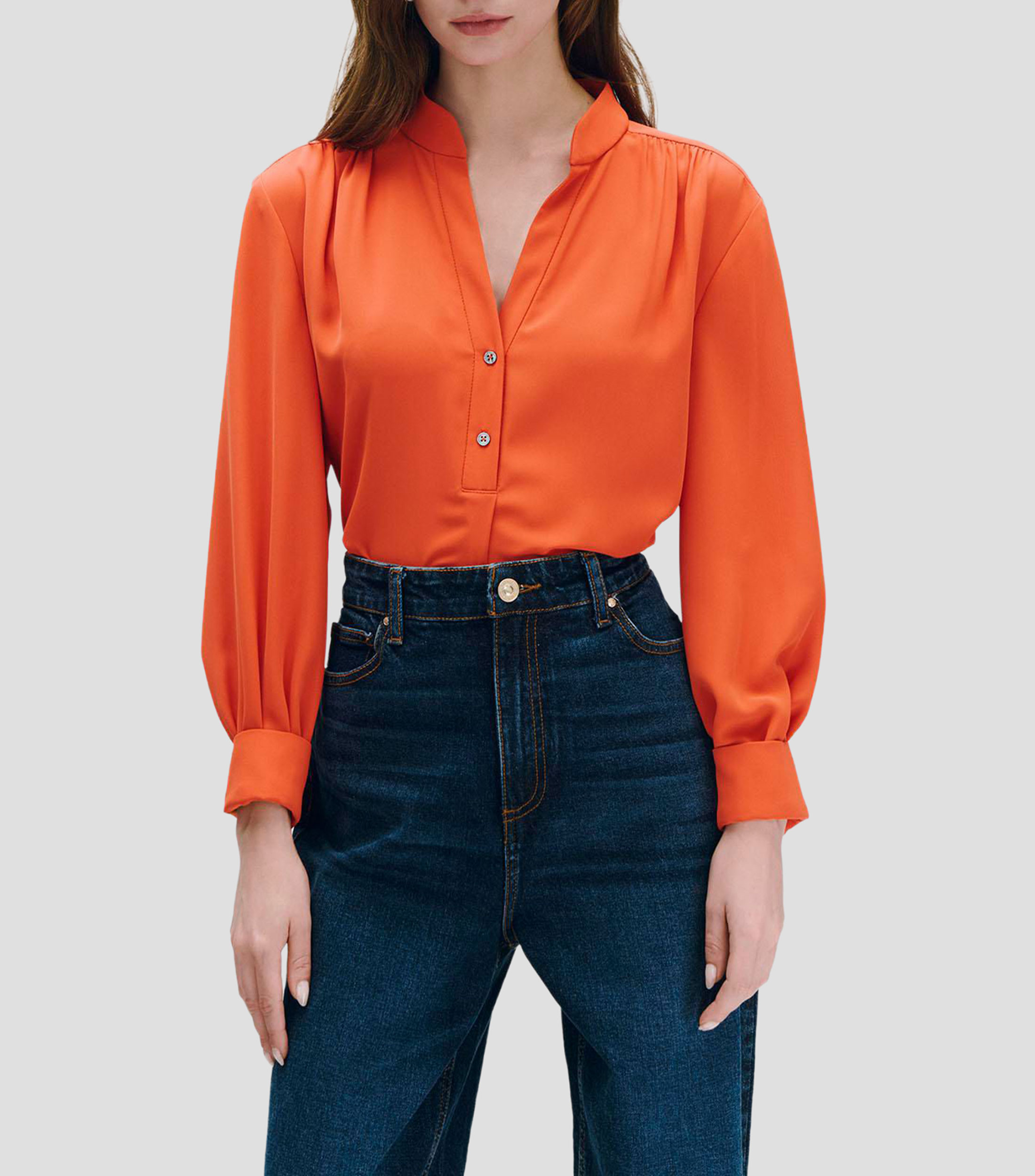 Blusa naranja cuello mao escote V Mujer