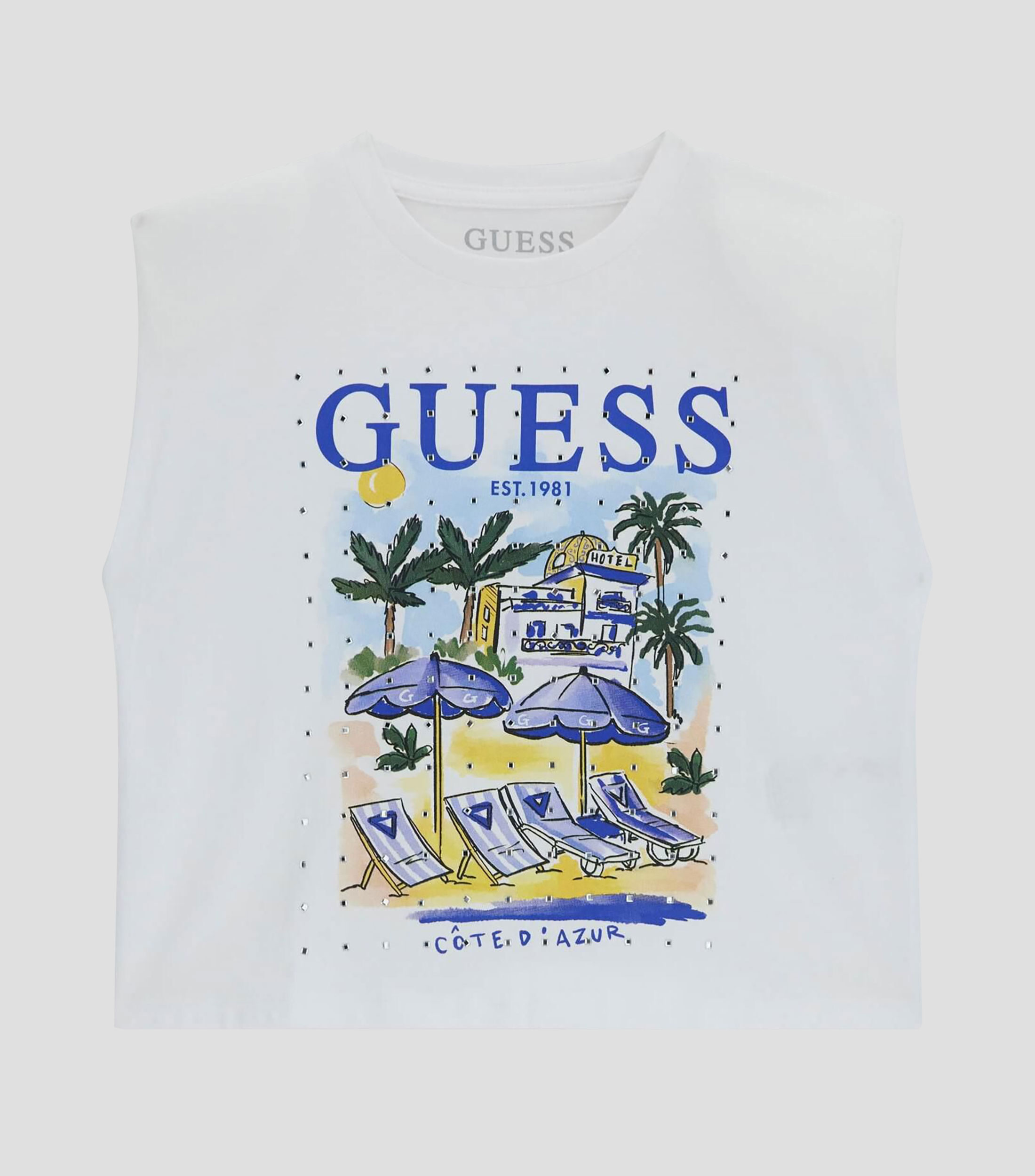 Playera cuello redondo sin mangas estampada Niña