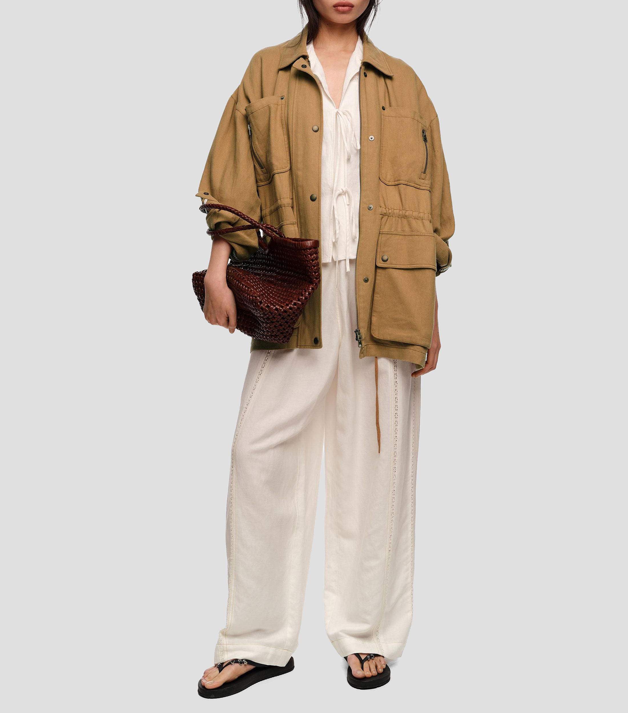 Pantalón ancho encajes lino Mujer