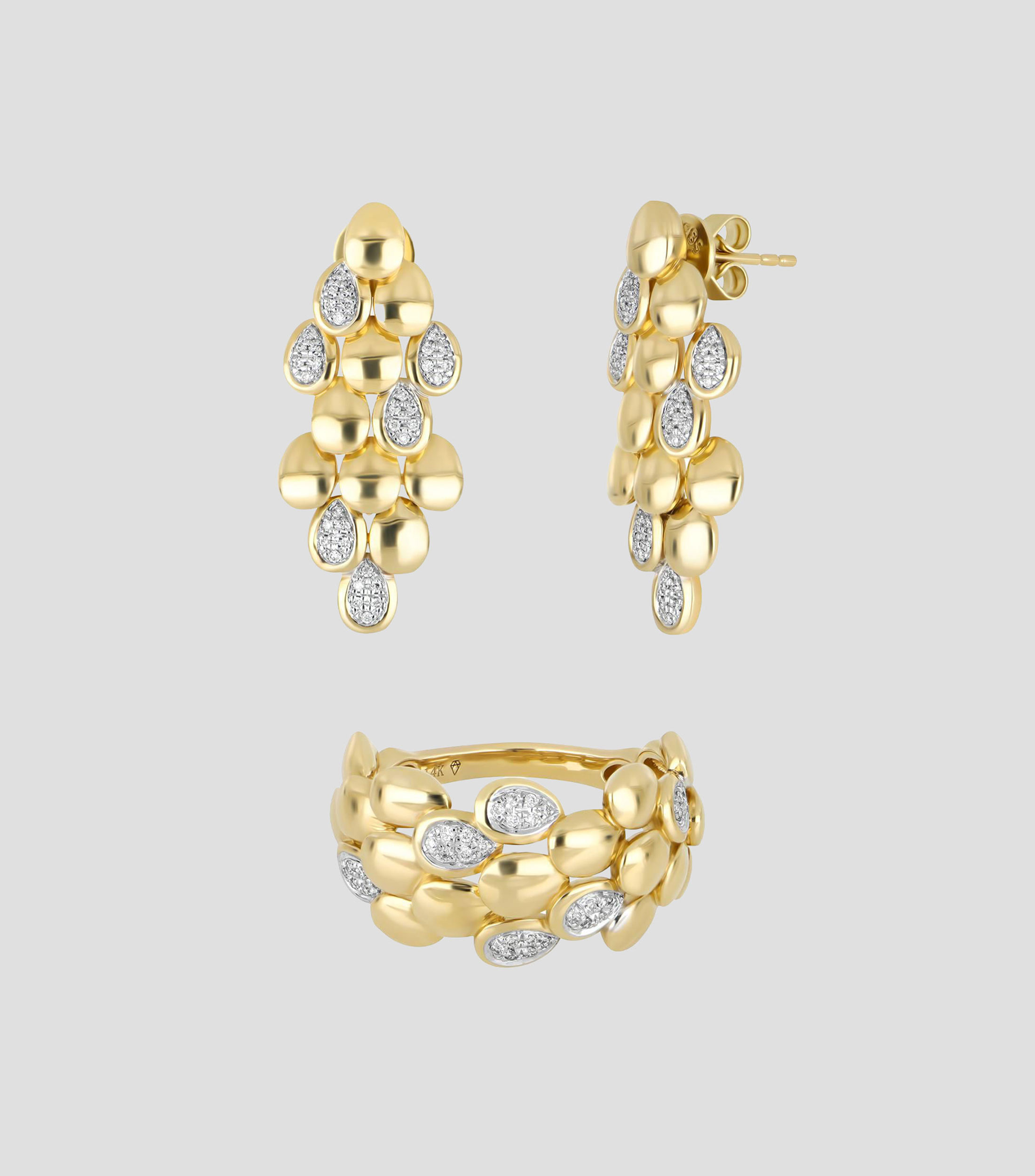 Set de anillo y aretes en Oro amarillo 14 Kilates con diamantes Mujer