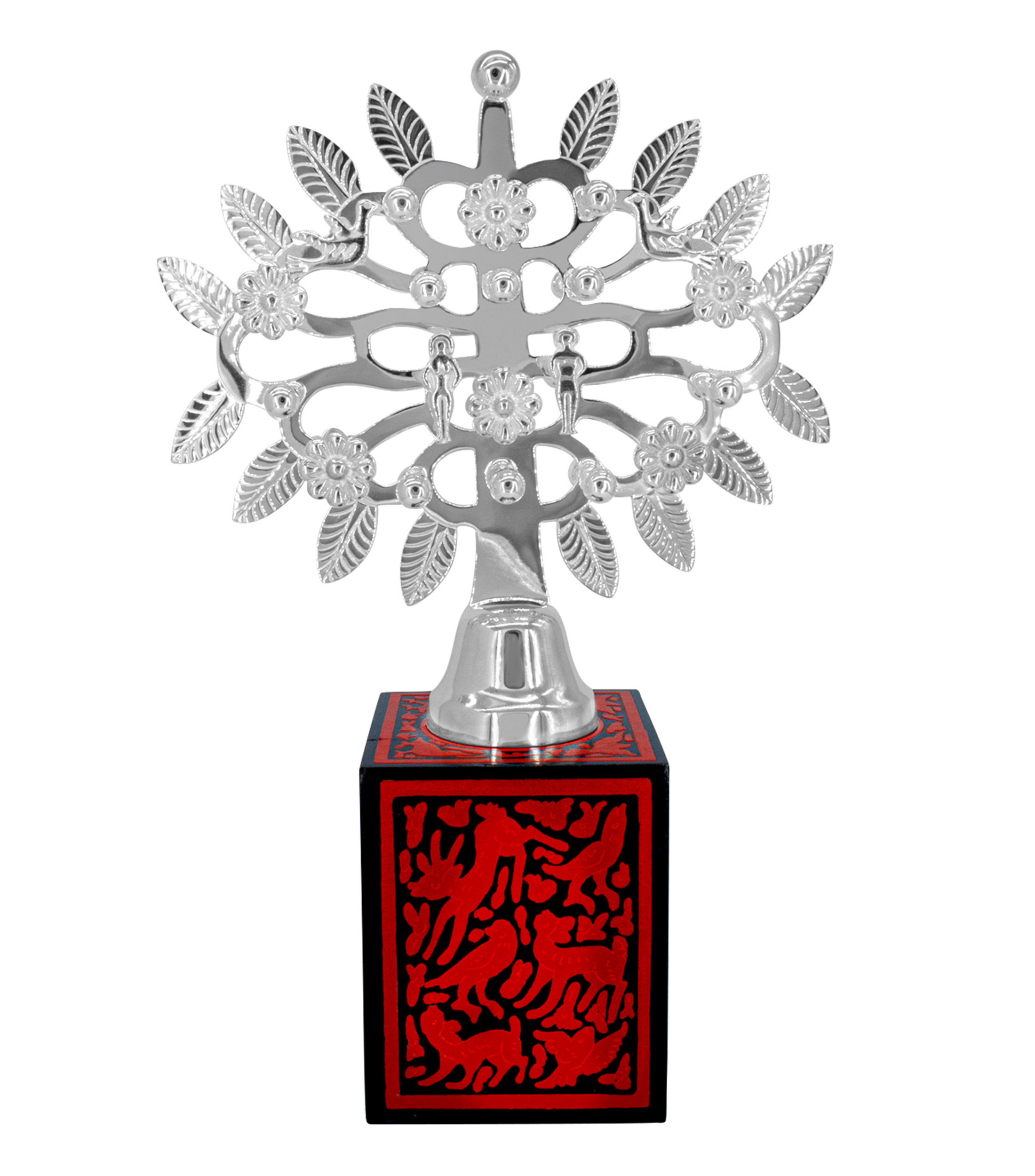 Figura Decorativa Arbol de la Vida mediano base roja en bano de plata