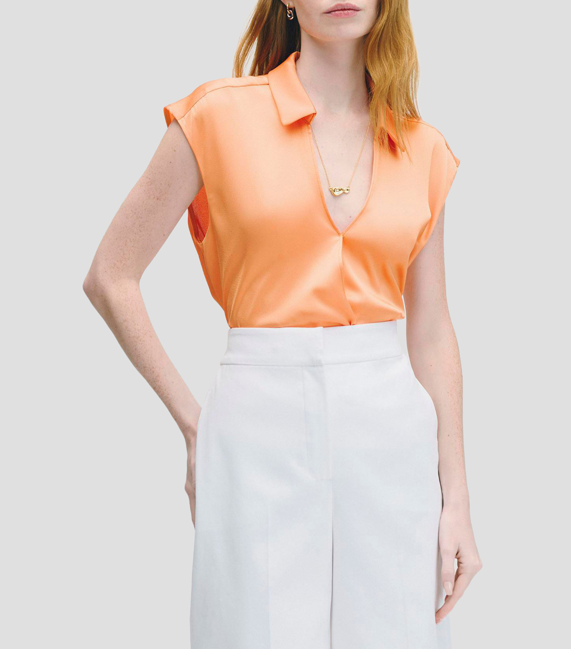 Blusa de Satín Envolvente Naranja Cuello Camisero Mujer