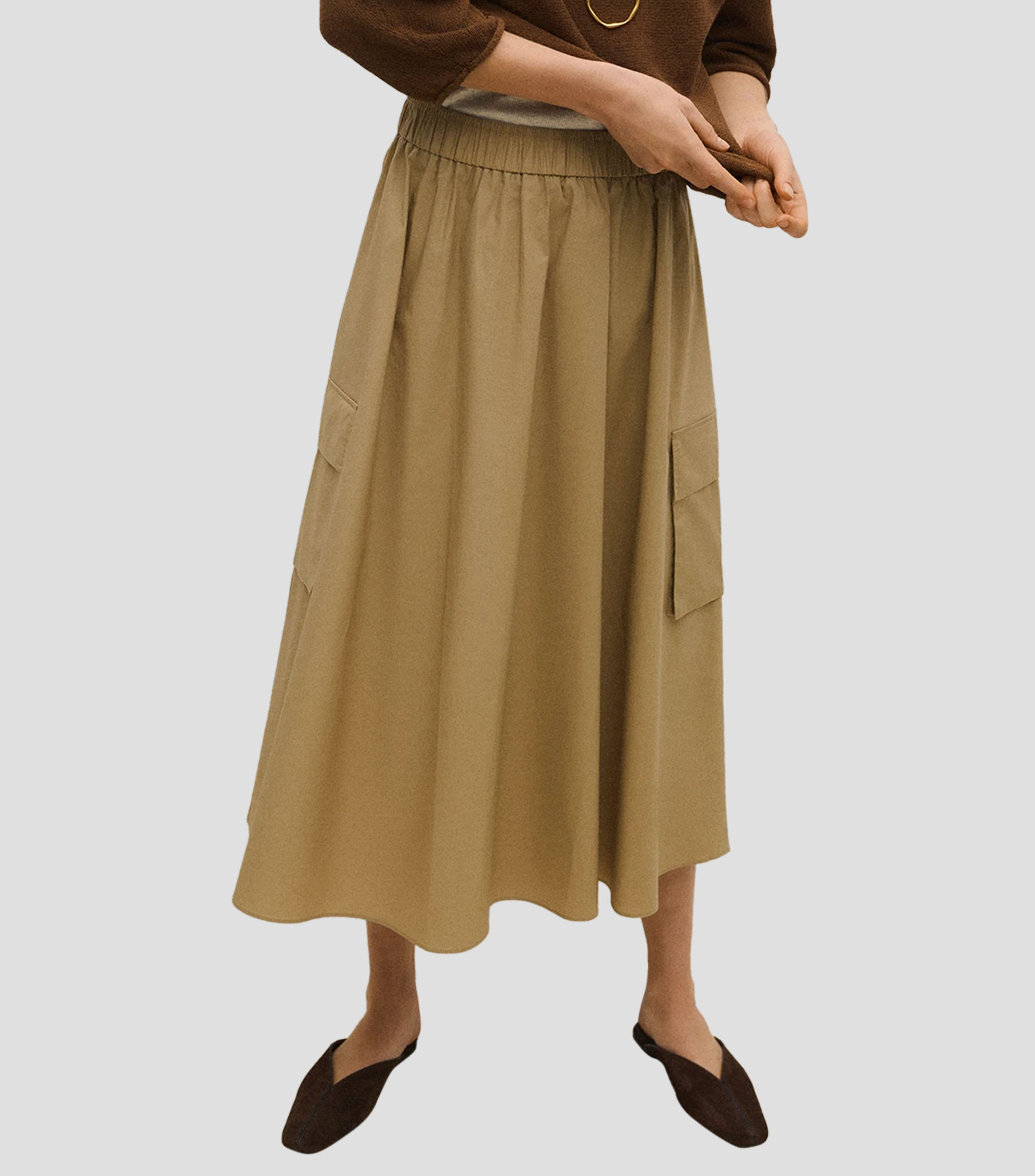 Falda midi de corte evasé lisa Mujer