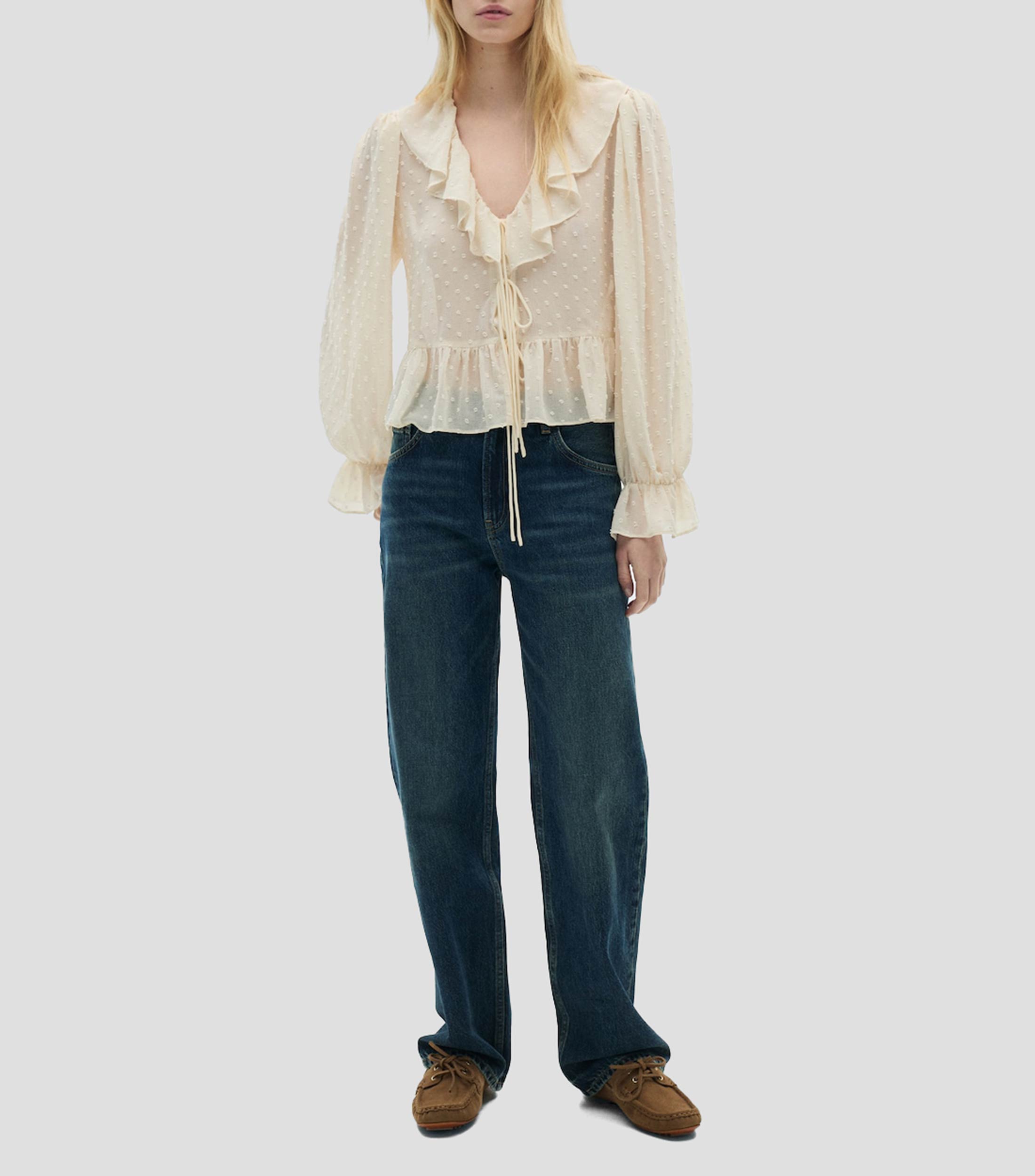 Blusa de cuello V y manga larga con volantes Mujer