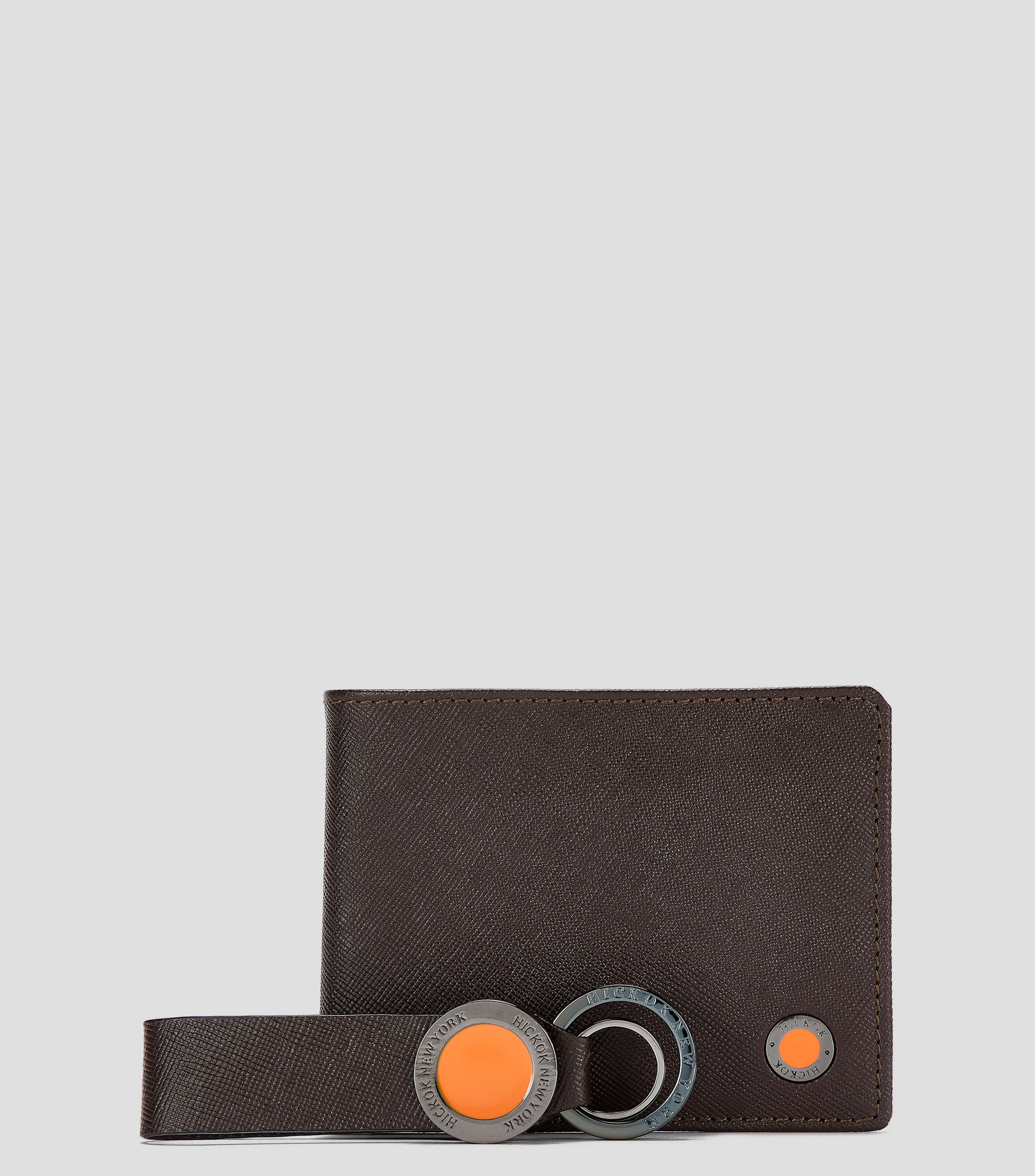 Hickok Set de cartera bifold café obscuro en piel con llavero Hombre