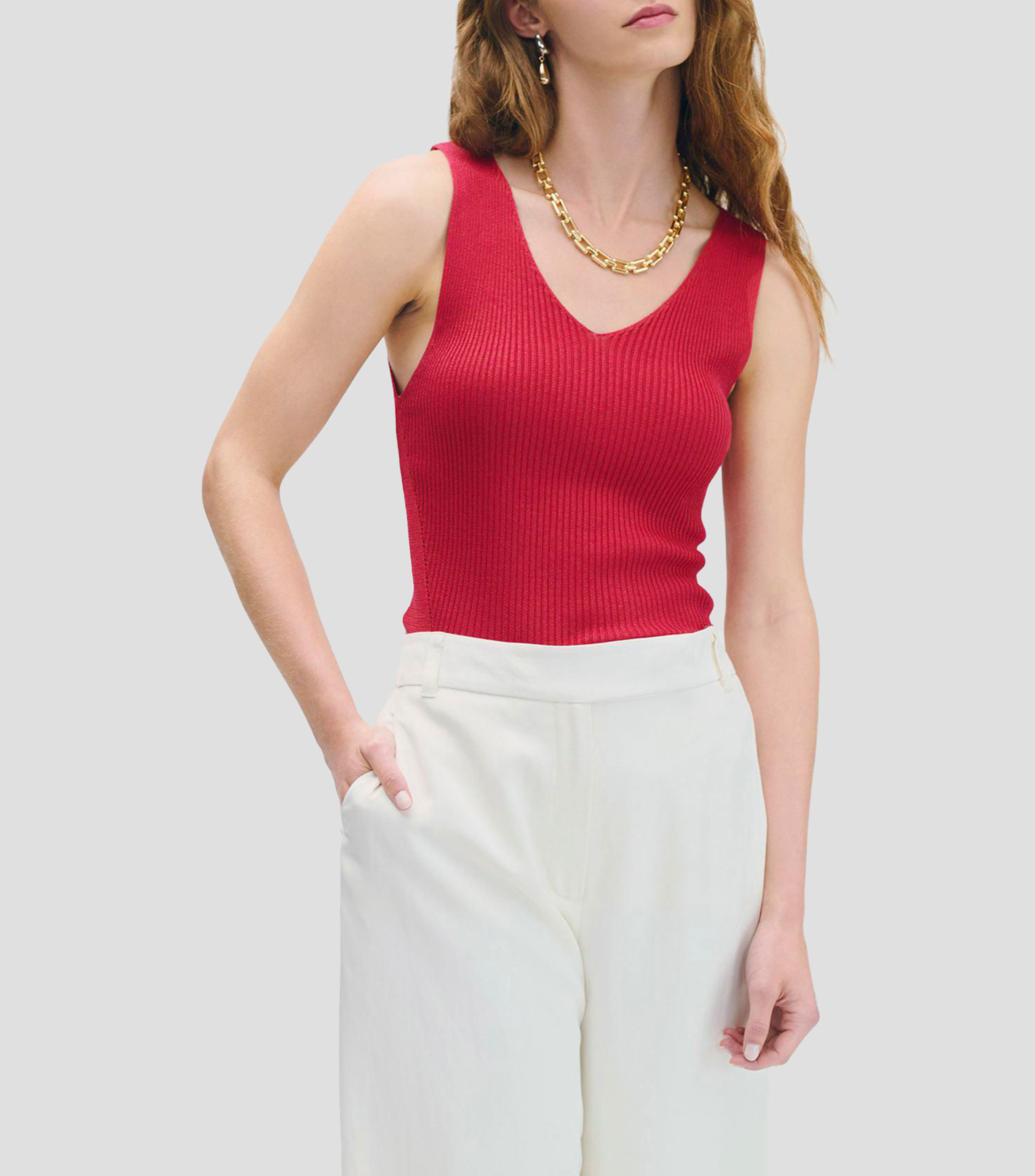 Blusa tejido canalé magenta escote V Mujer