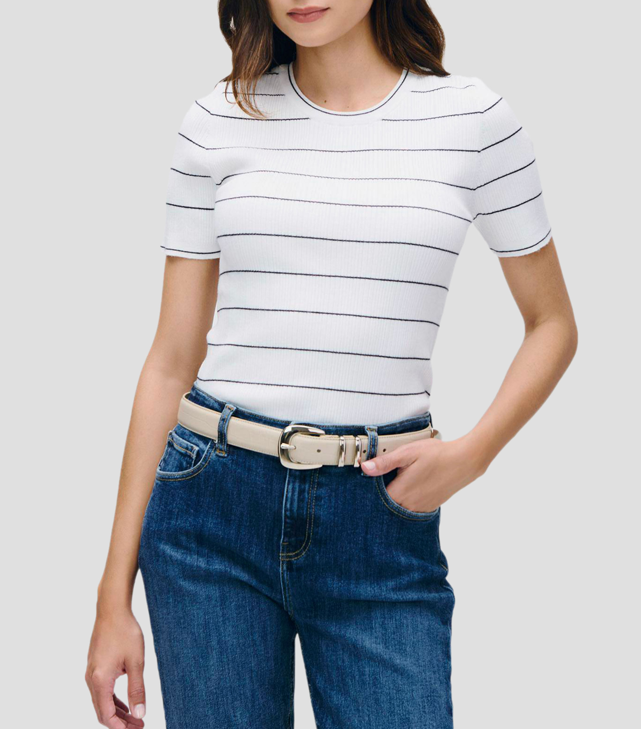 Blusa tejido canalé blanco a rayas escote redondo Mujer