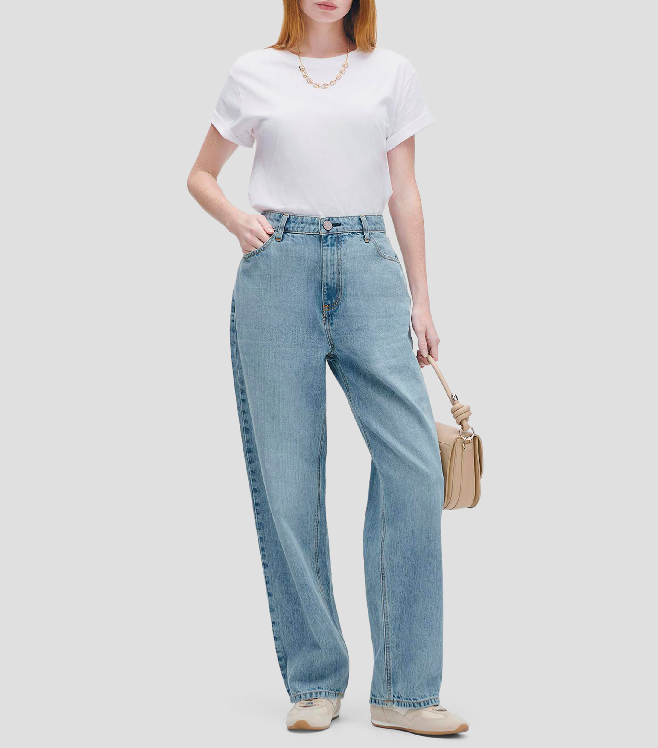 Jeans Straight Baggy Tiro Alto Deslavado Mujer