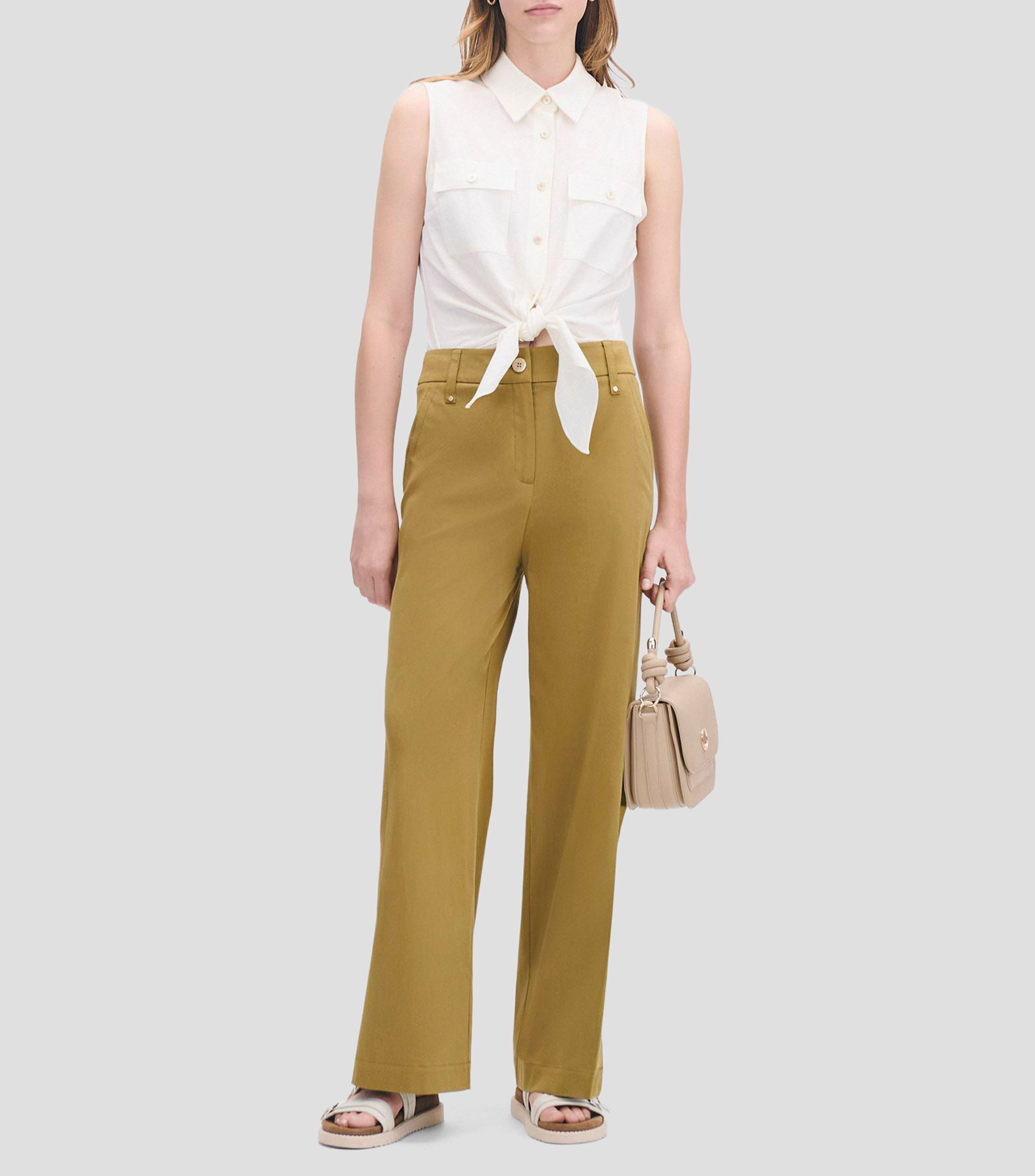 Pantalón wideleg tiro alto trabas con botón monograma Mujer