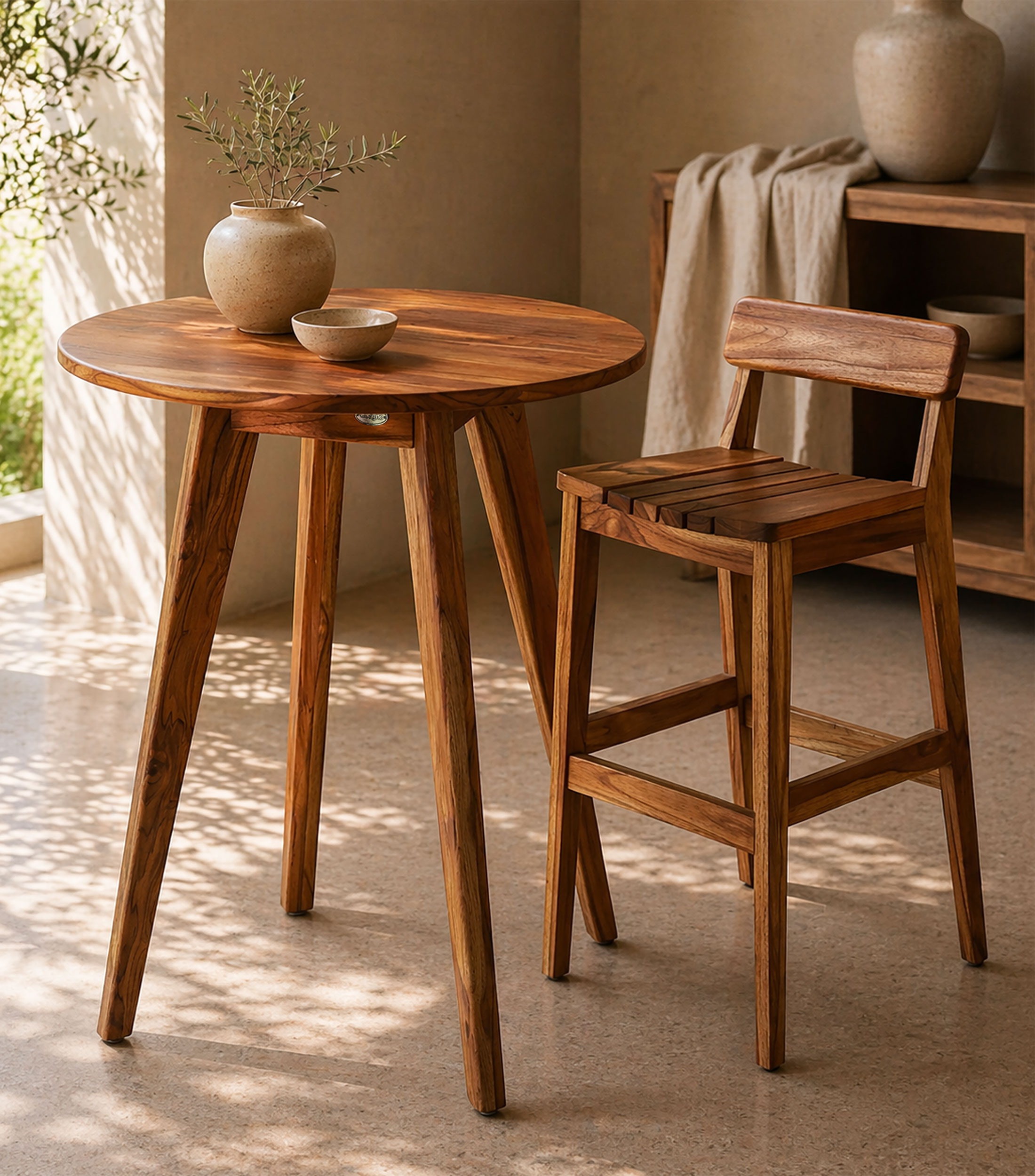 Mesa alta redonda Portbou 80DX90 - Madera teca