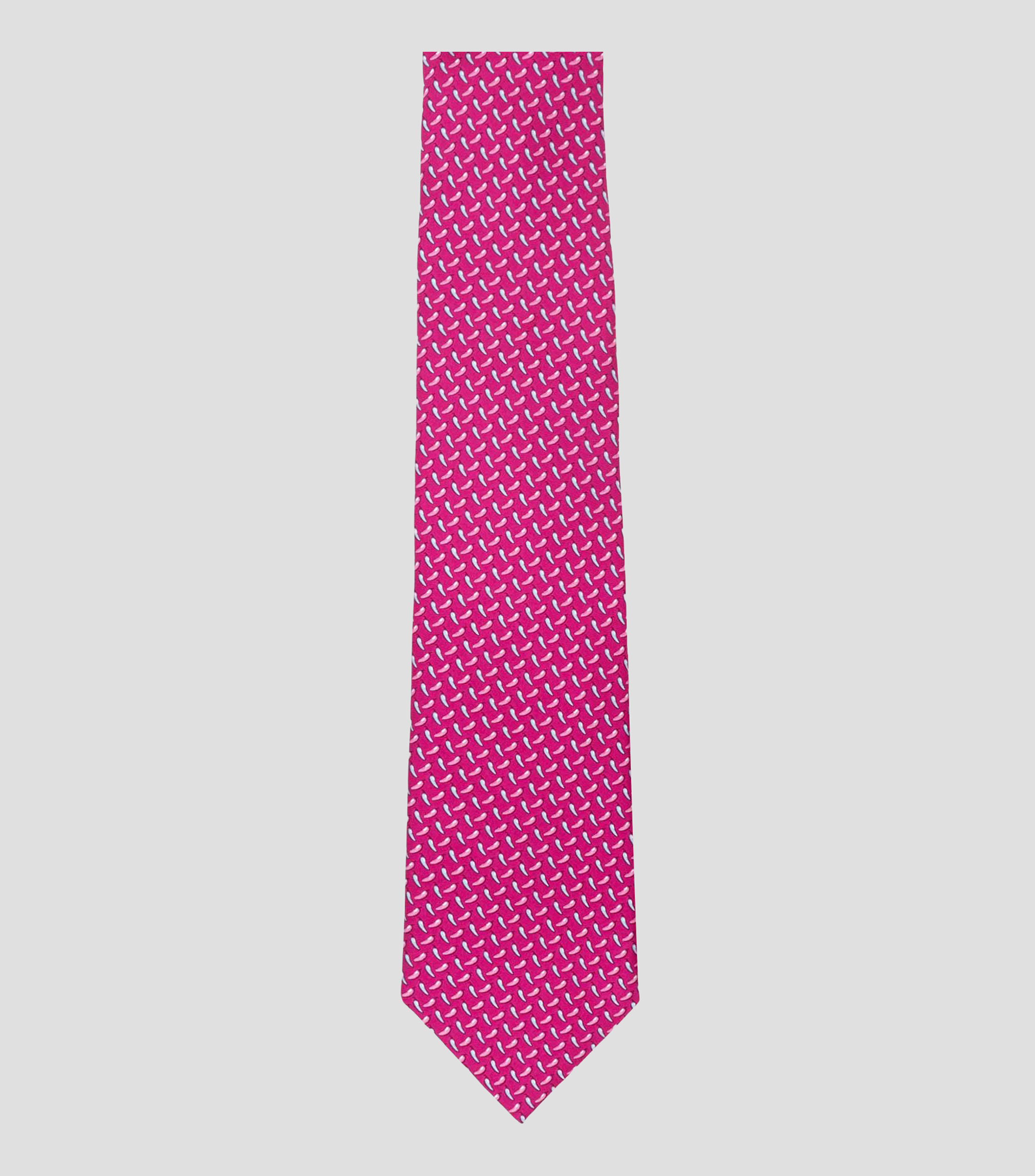 Corbata ancha de seda rosa fucsia con estampado de chiles de México.