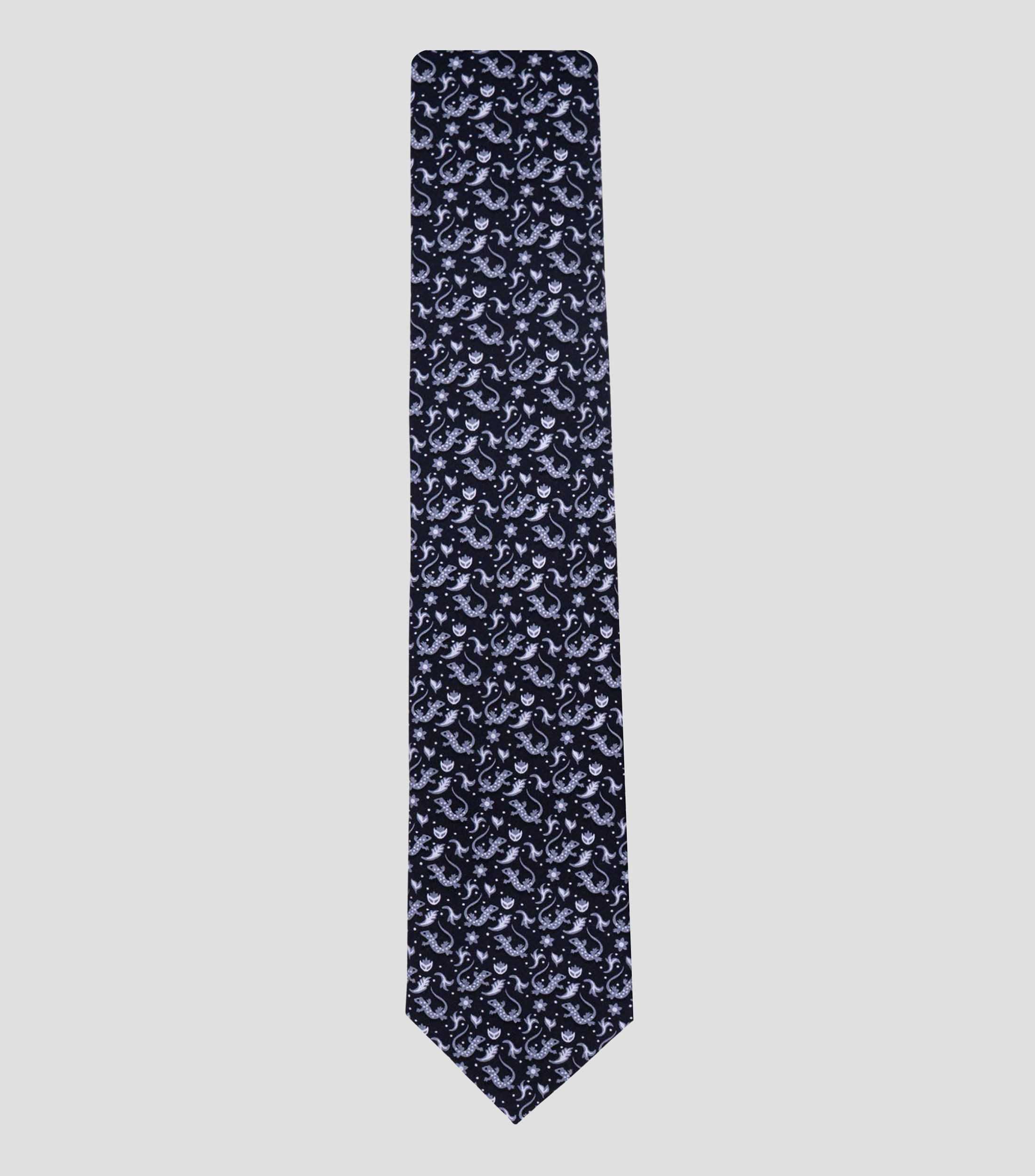 Corbata ancha de seda negro estampado Iguana mexicana