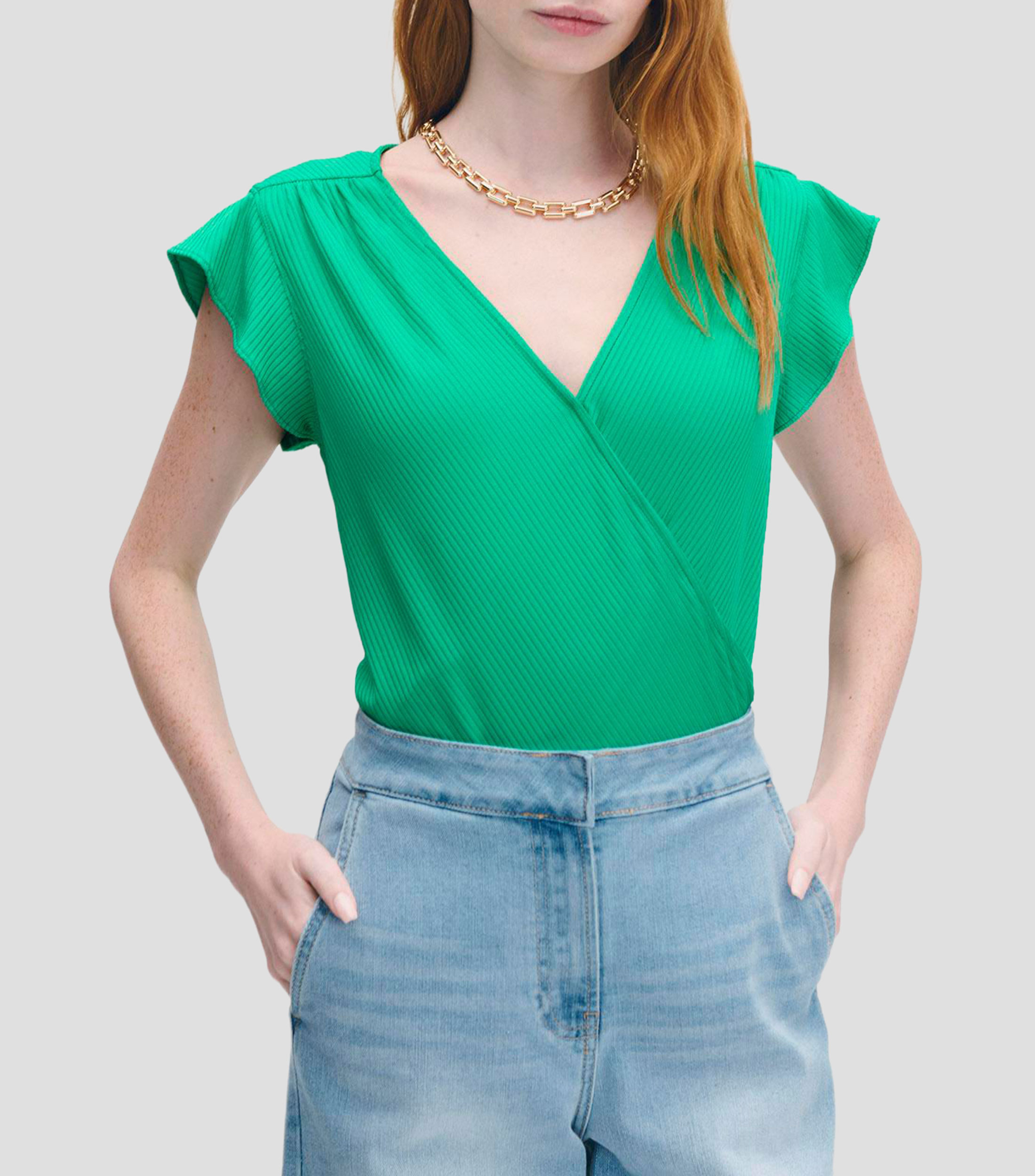 Blusa Envolvente Tejido Canalé Verde Trébol Manga Escarola Mujer