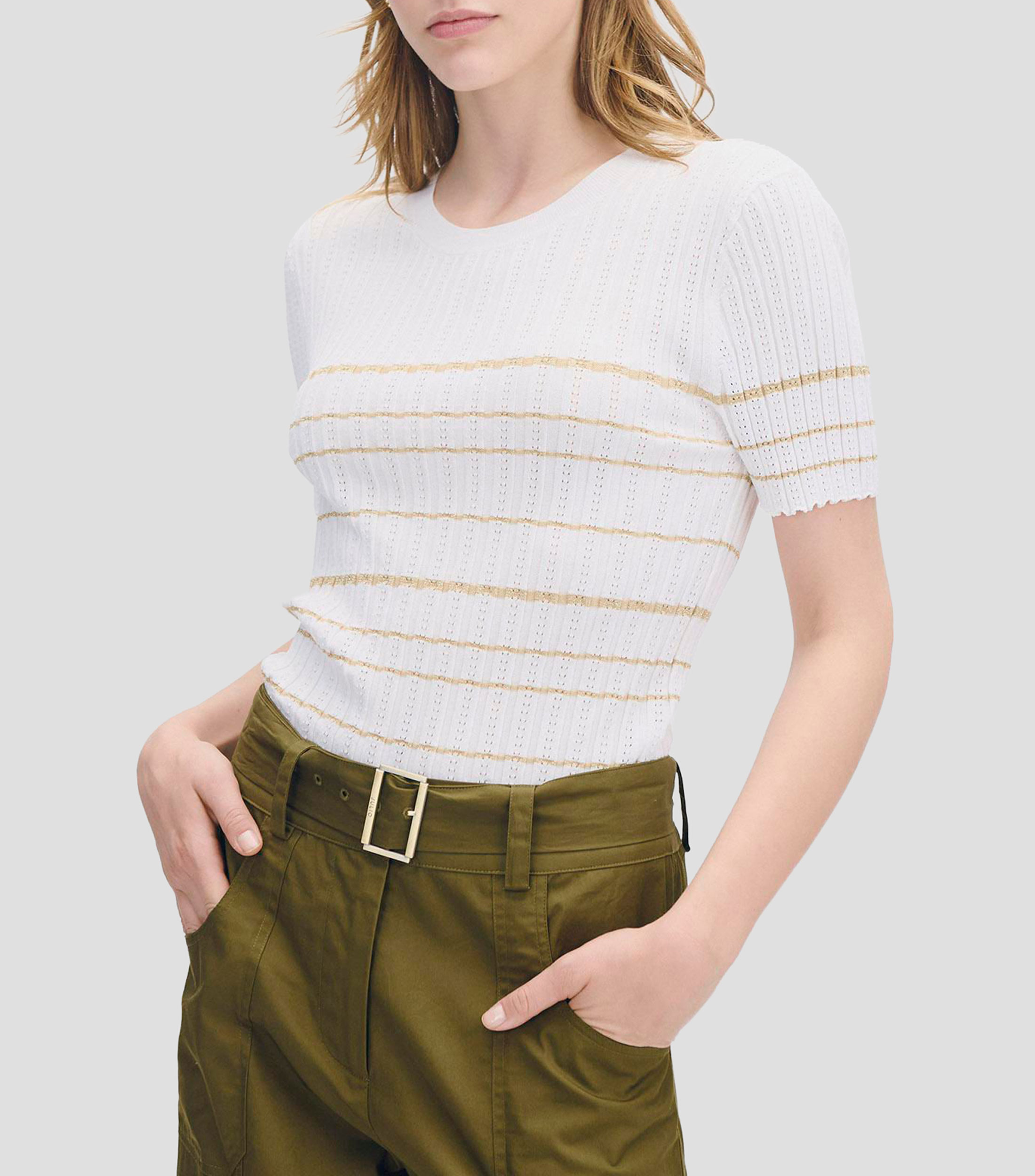 Blusa tejido canalé calado rayas lúrex escote redondo Mujer