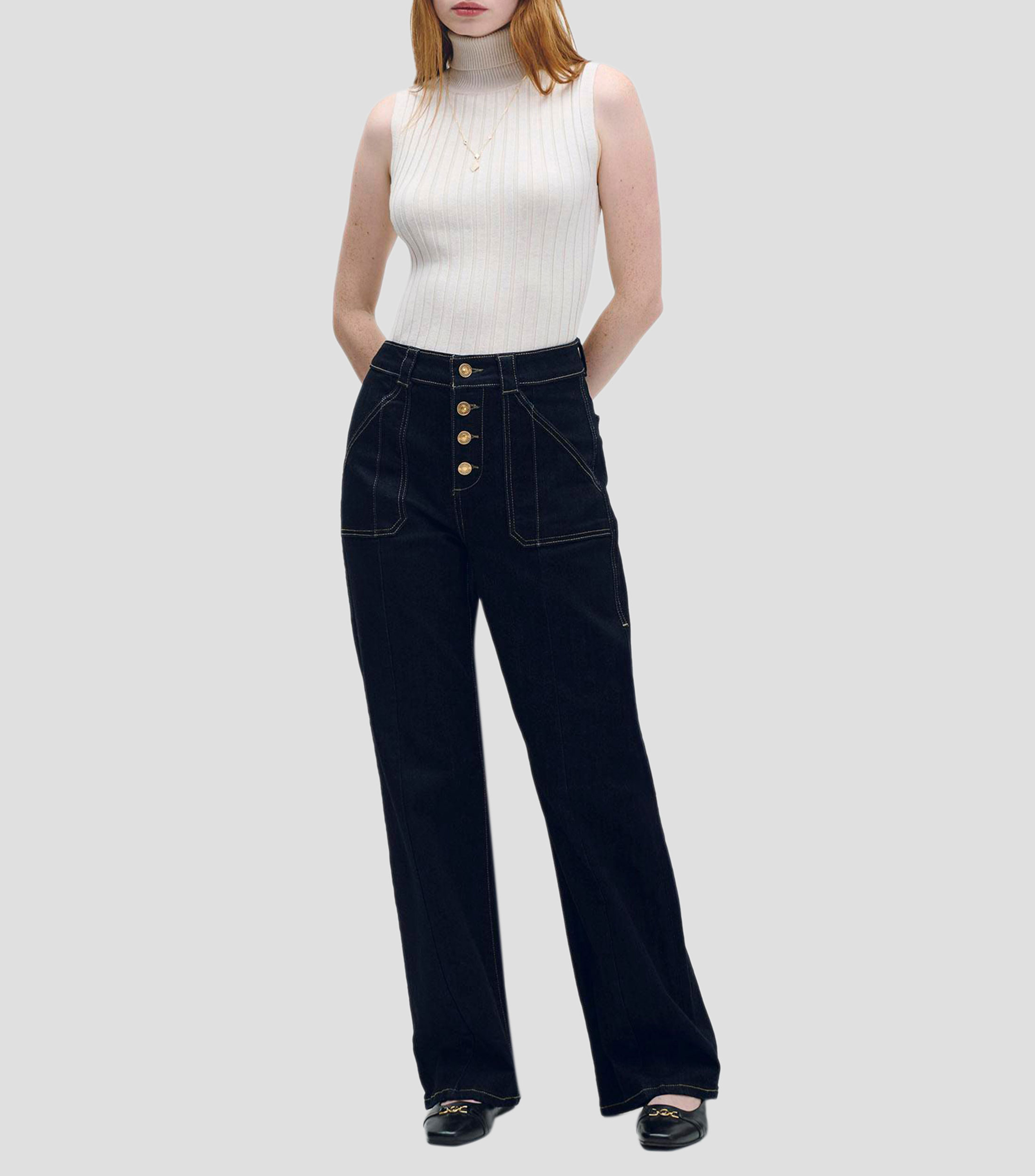 Jeans Recto Fluido Tiro Alto Con Botones y Pespuntes Mujer