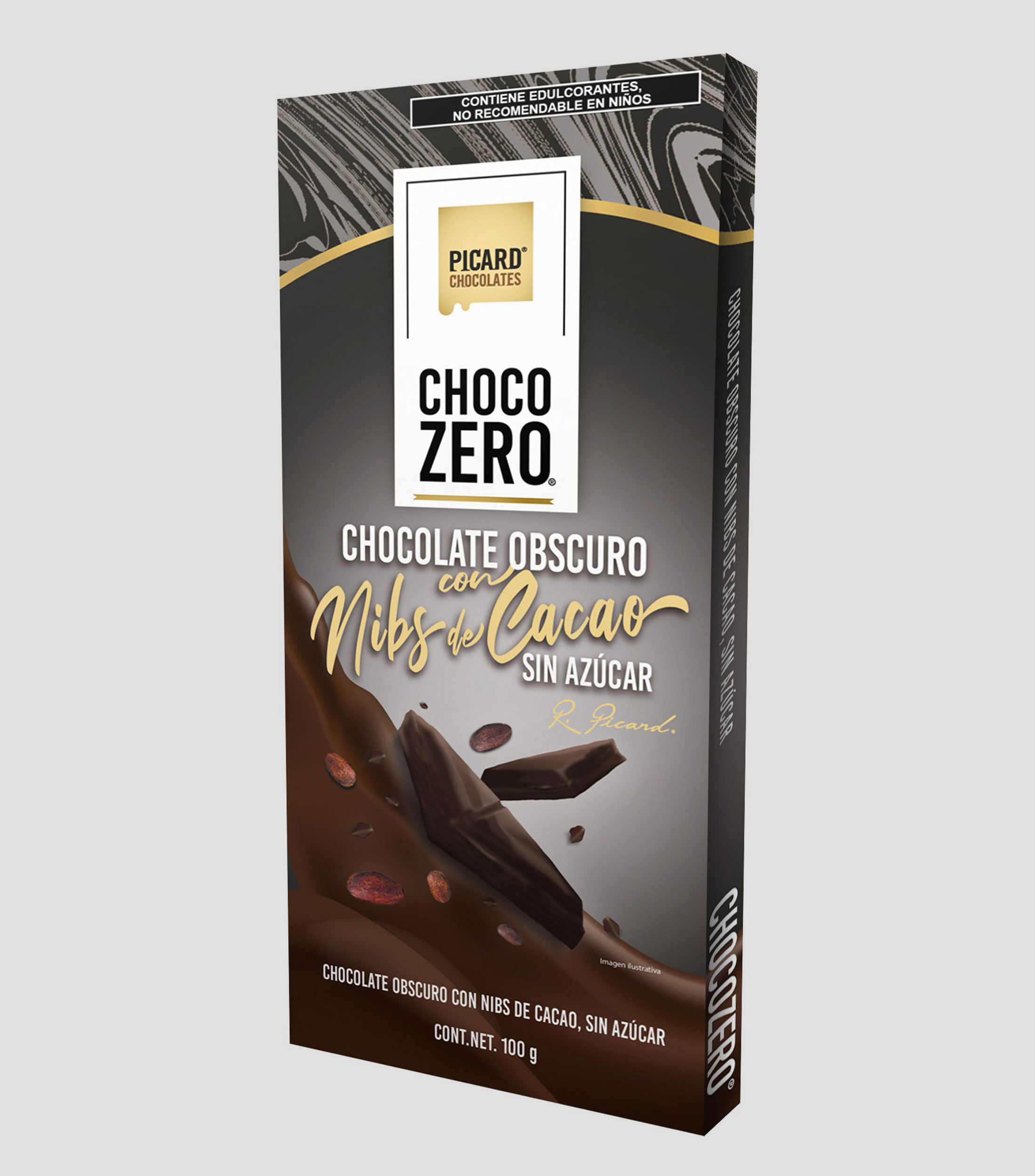 Barra de Chocolate Obscuro con nibs de cacao sin azúcar, 100 gr