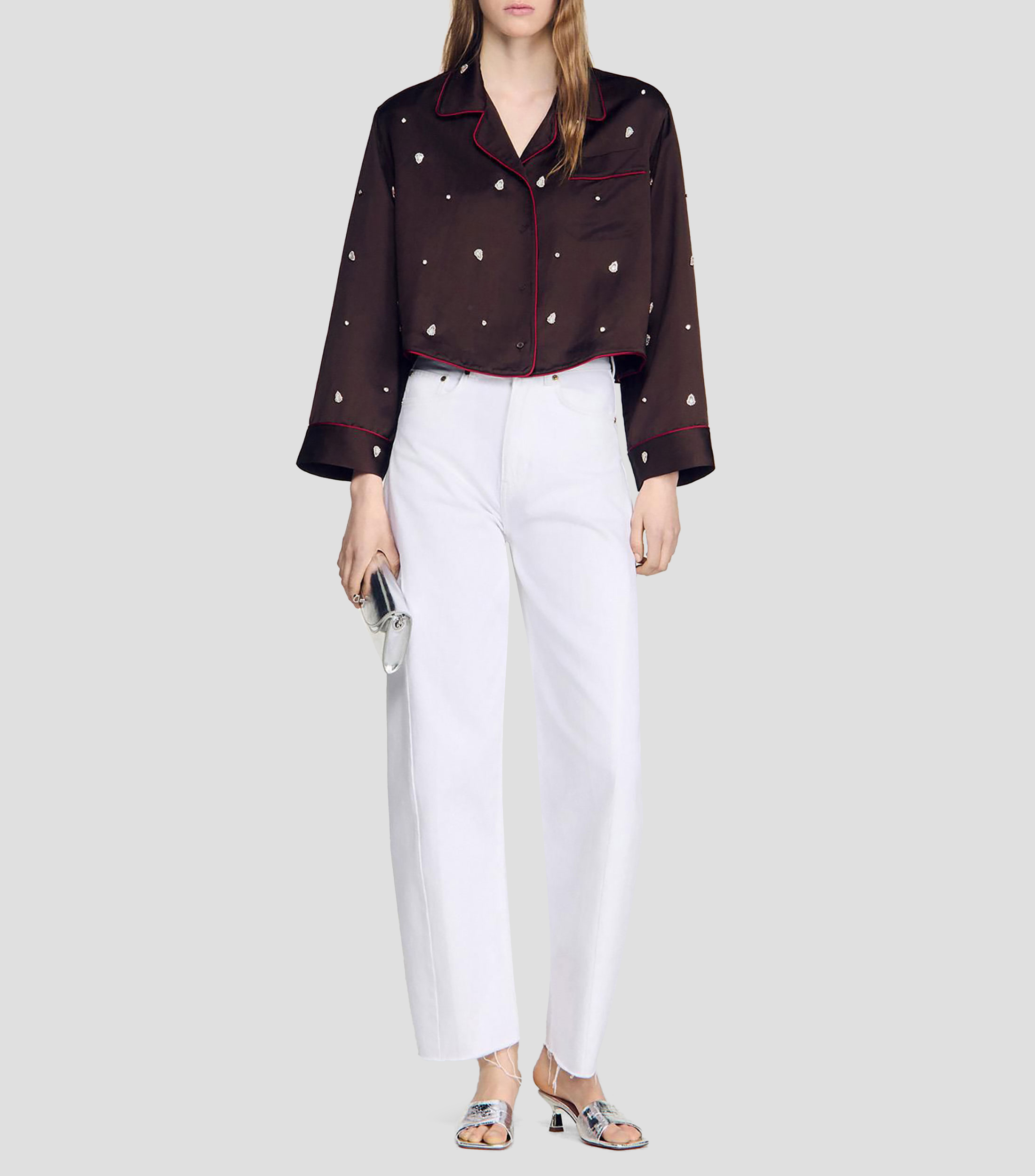 Camisa con pedrería y manga larga Mujer