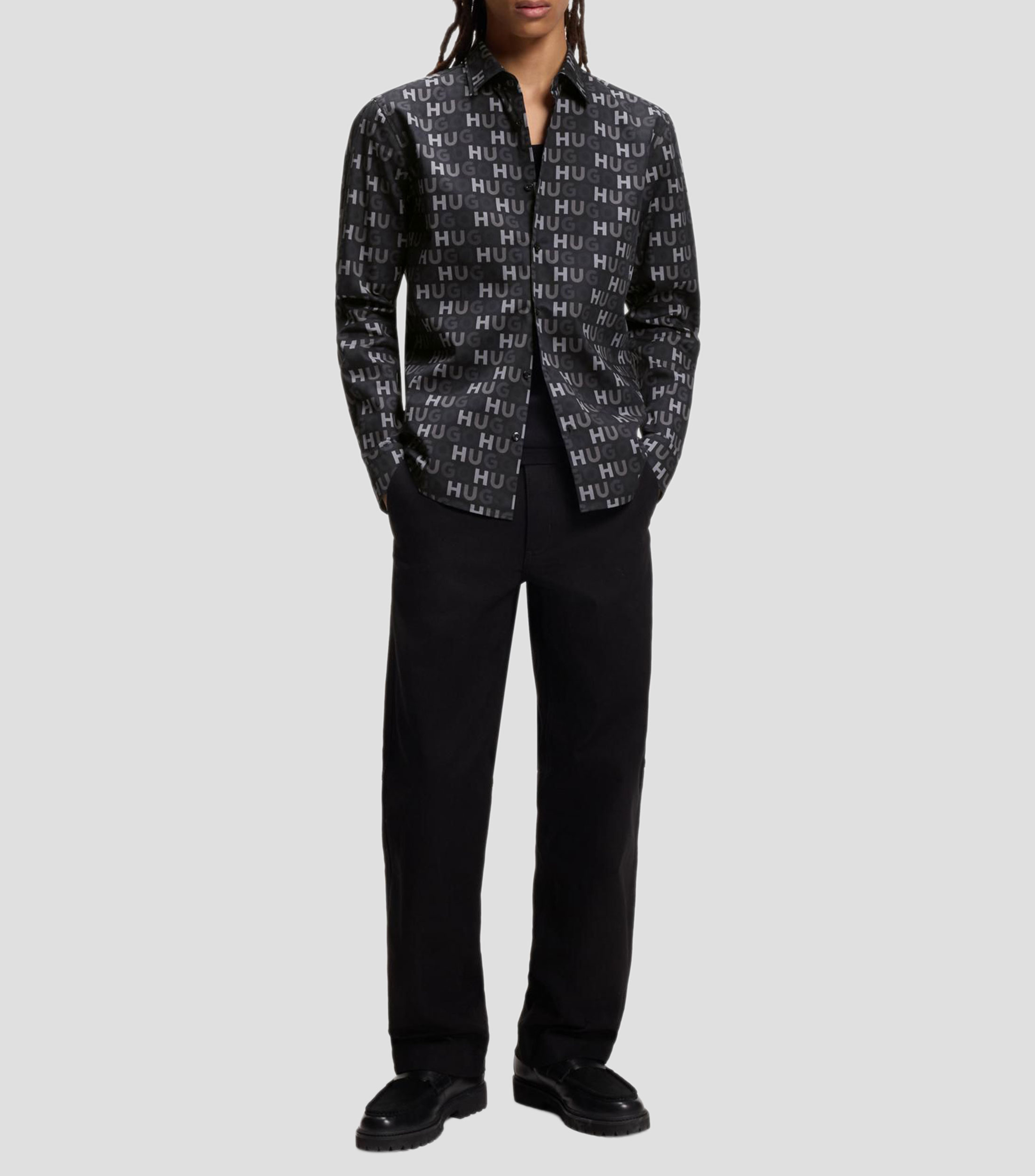 Camisa slim en popelín de algodón estampado Hombre