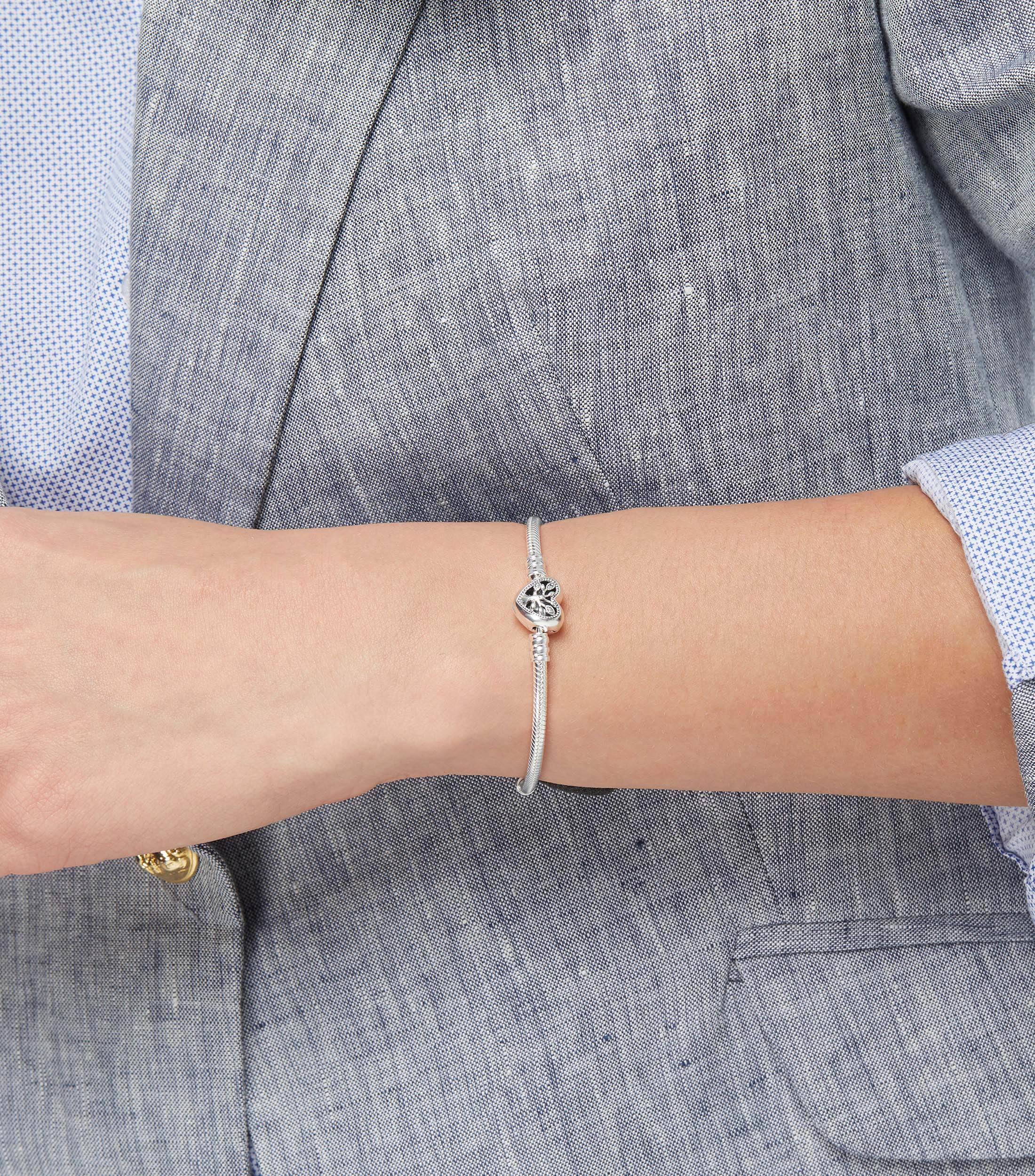 Brazalete en plata Family Tree Heart Clasp Snake Chain Mujer Talla 17 cm