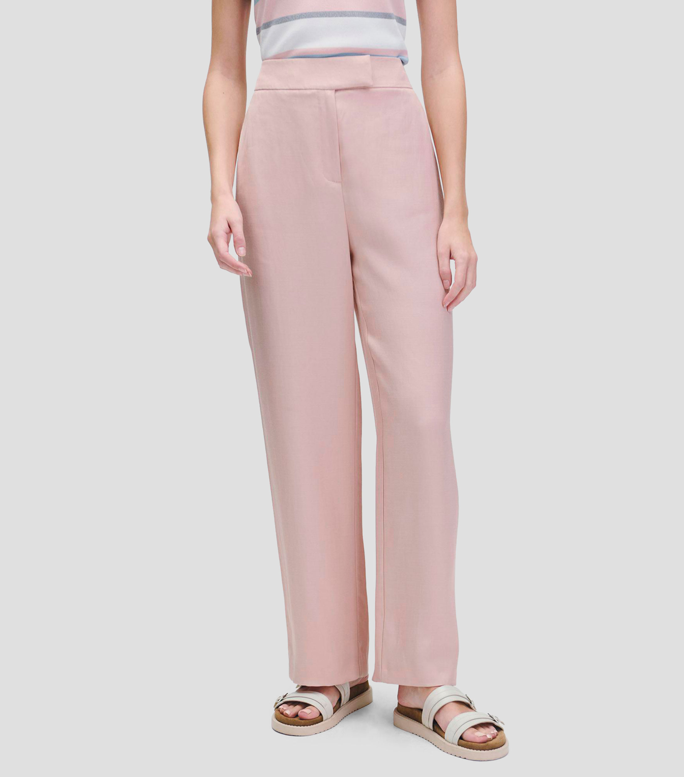 Pantalón wideleg tiro alto rosa claro de lino pretina pasada Mujer