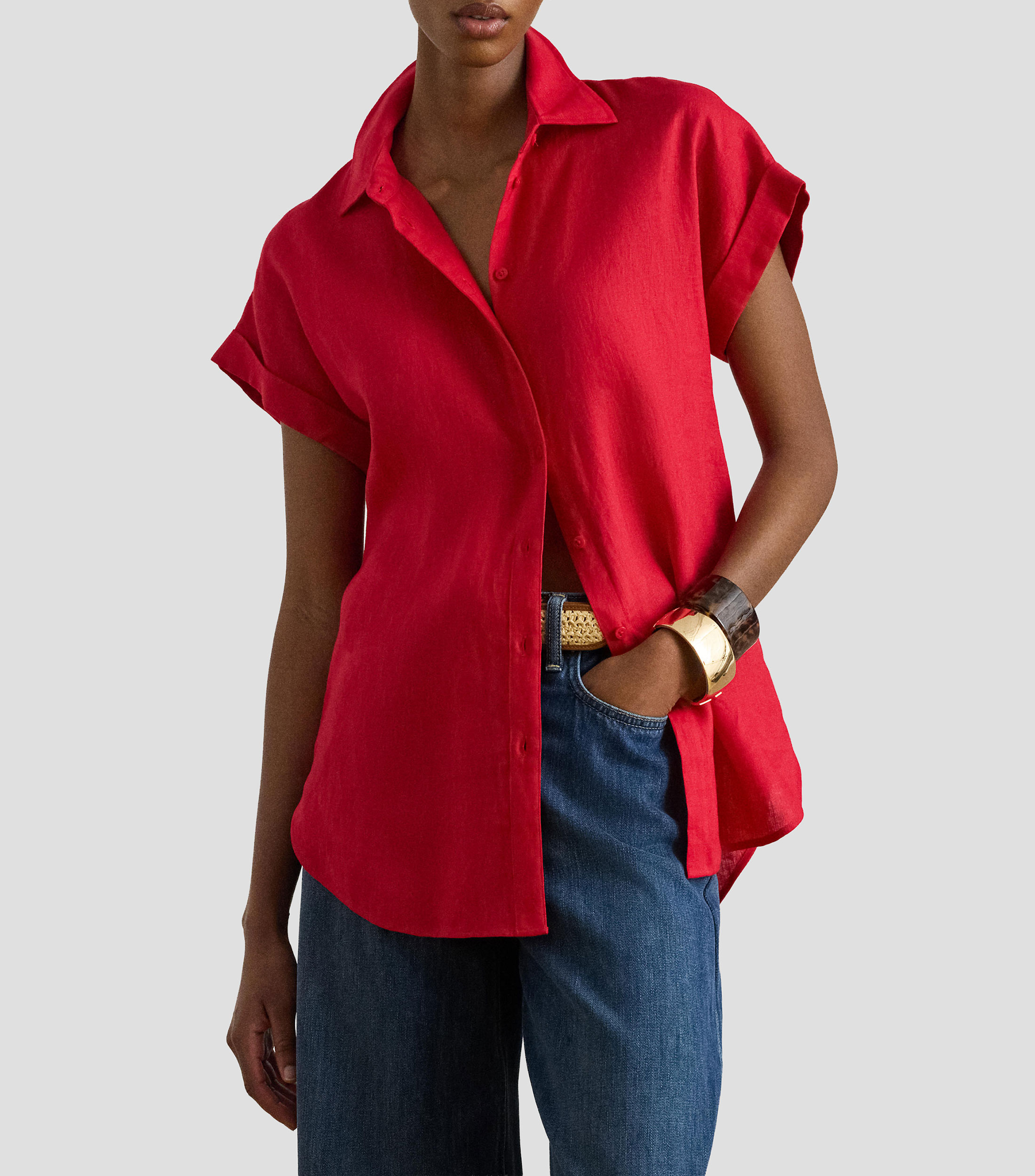 Camisa lisa de lino manga corta Mujer