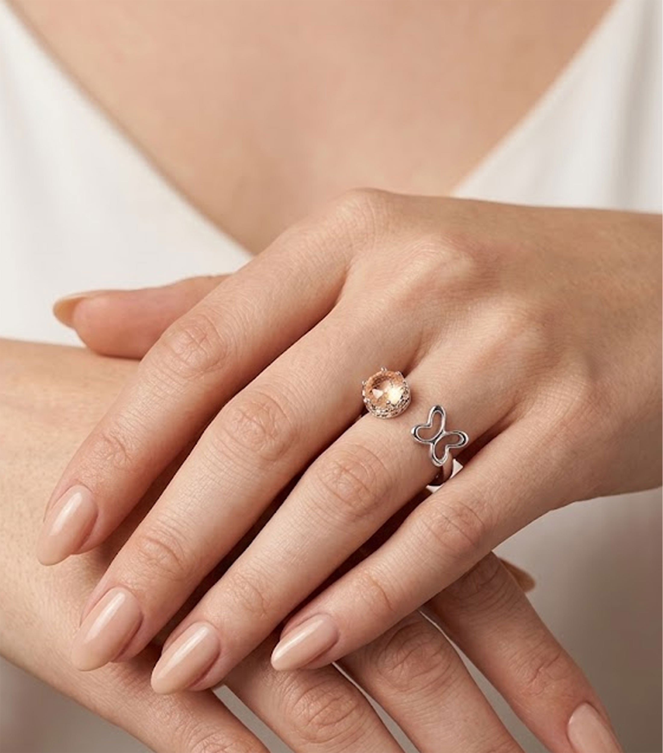 Anillo abierto en Plata .925 con cristal champagne Mujer