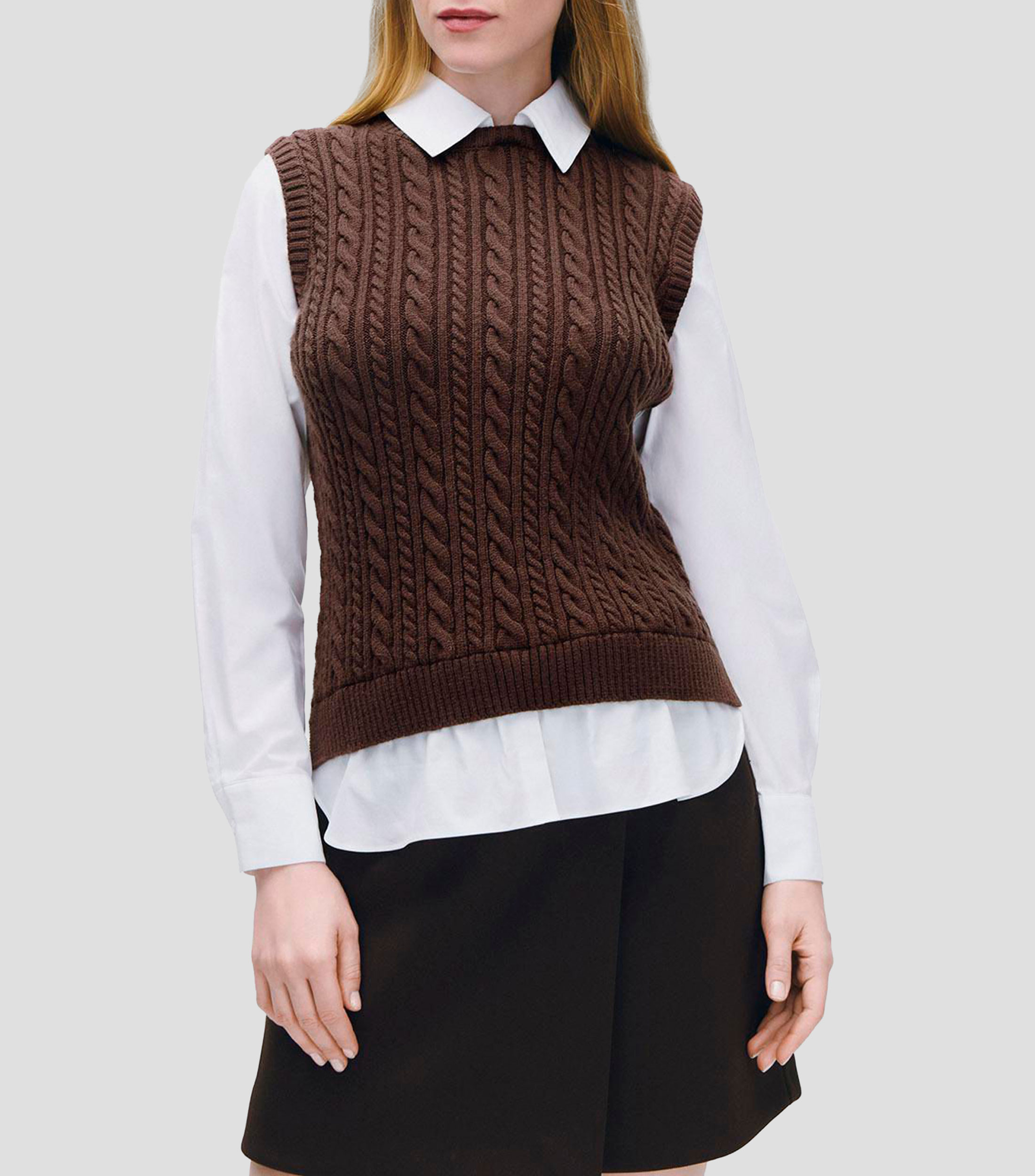 Chaleco Tejido de Cable Chocolate Camisa Simulada Mujer