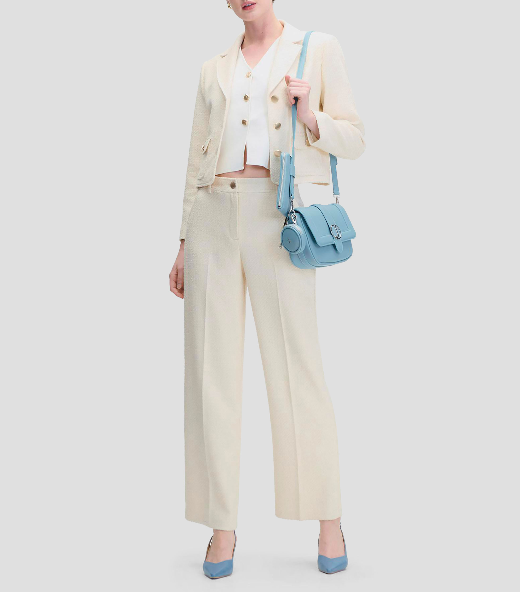 Pantalón de Tweed con Relieve Recto Fluido Tiro Alto Natural Mujer
