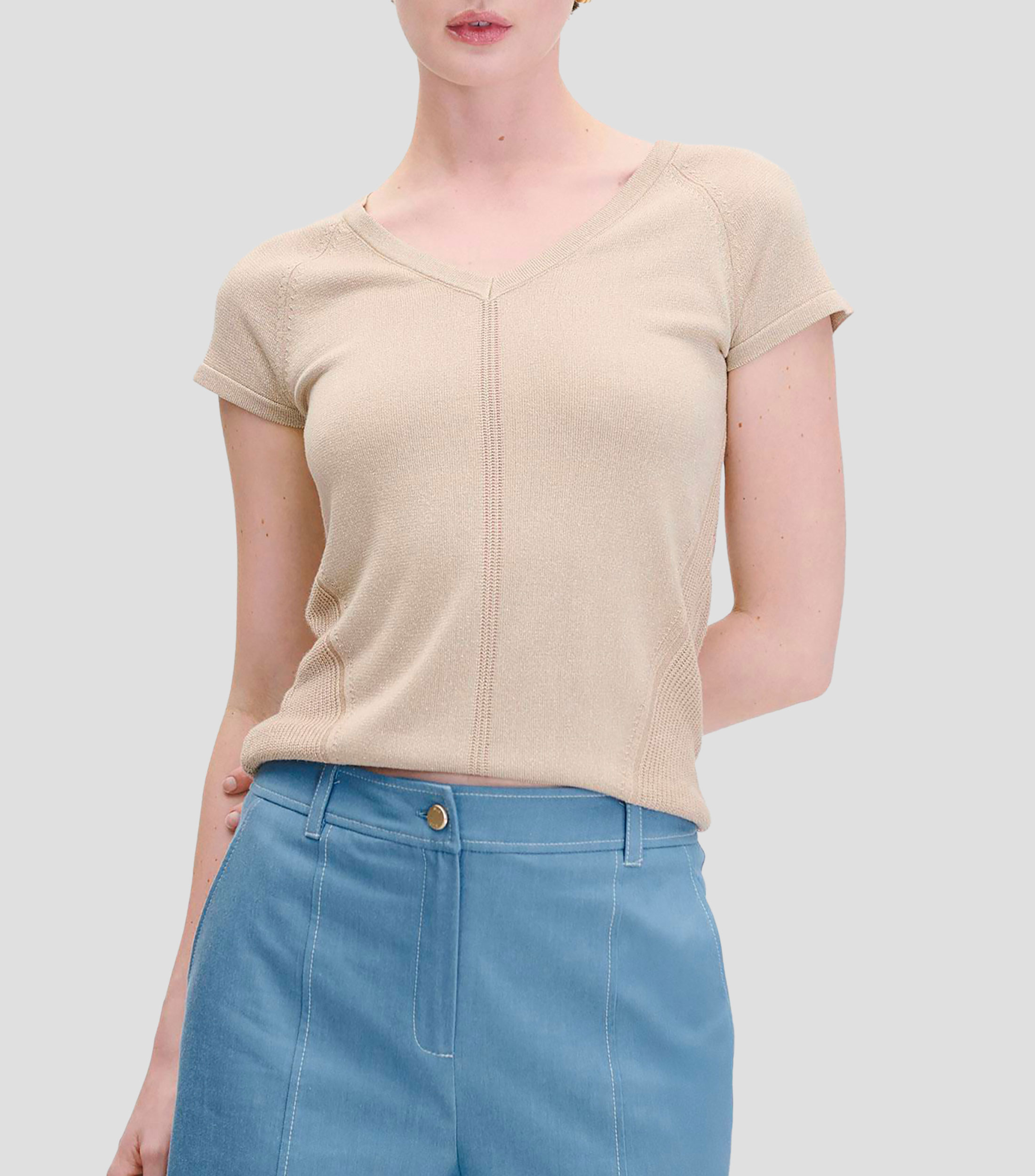 Blusa Tejido Combinado Beige con Lúrex Escote V Mujer