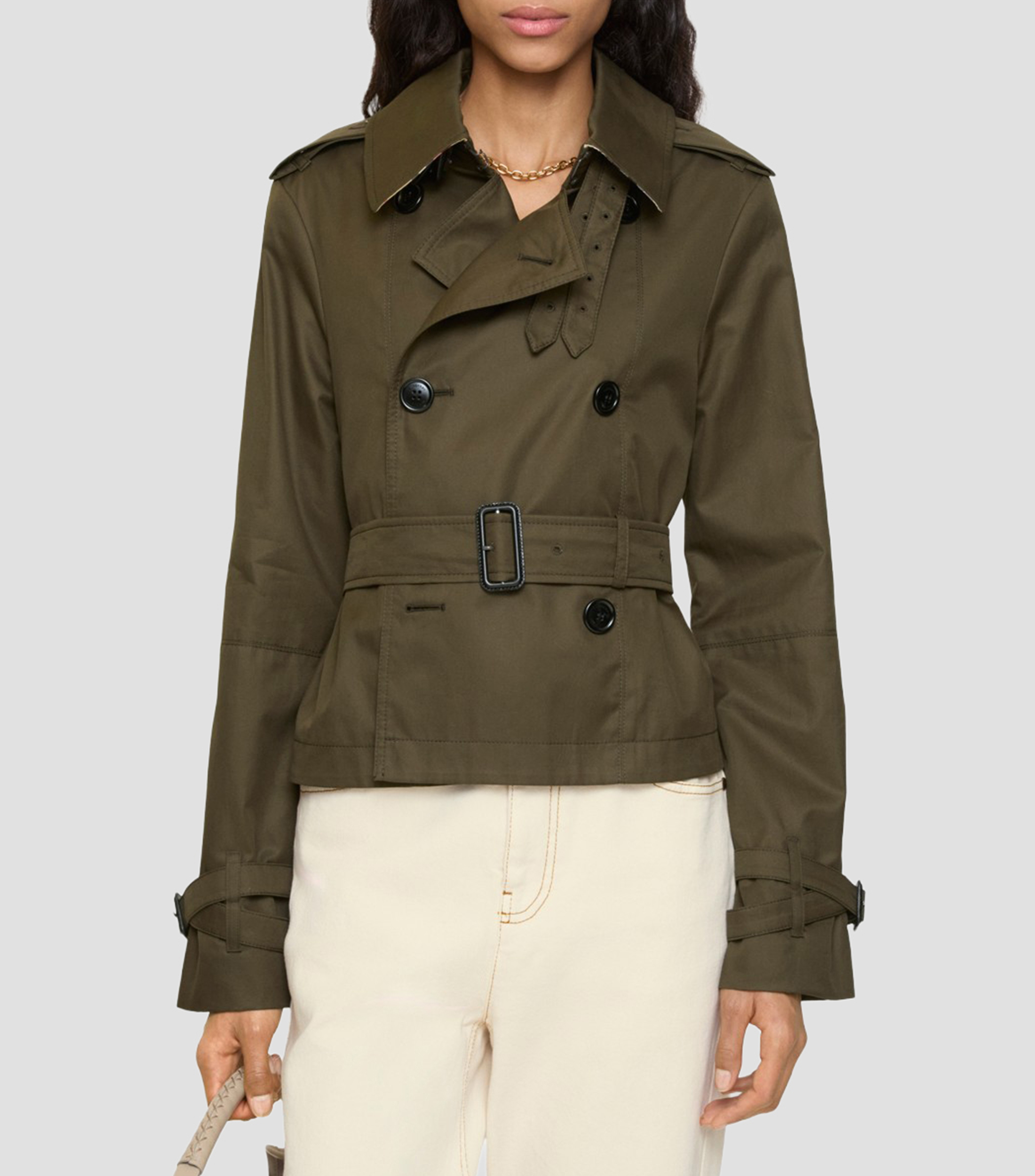 Gabardina corta estilo trench coat con botones y cinta Mujer