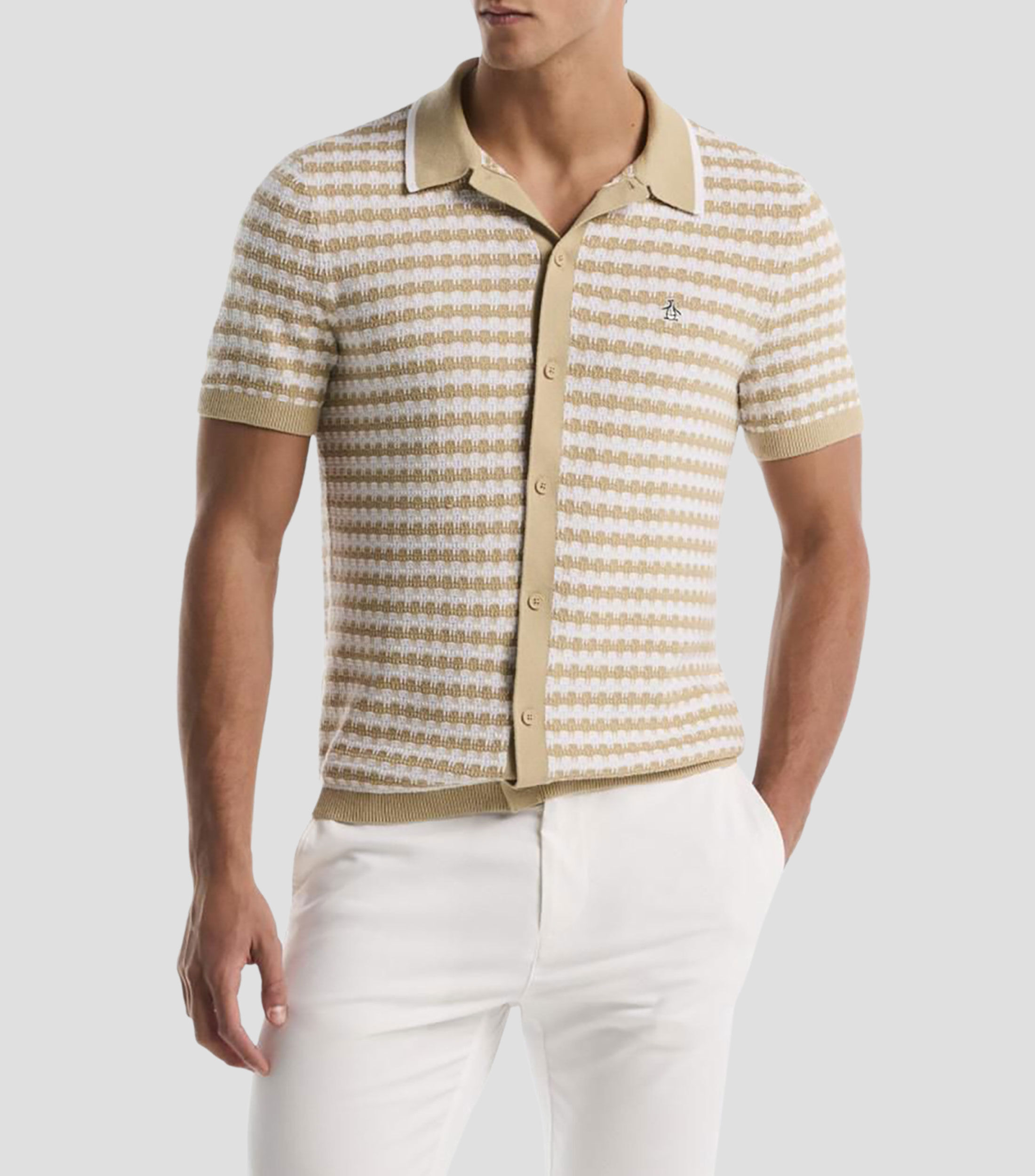 Camisa franjas crochet manga corta Hombre