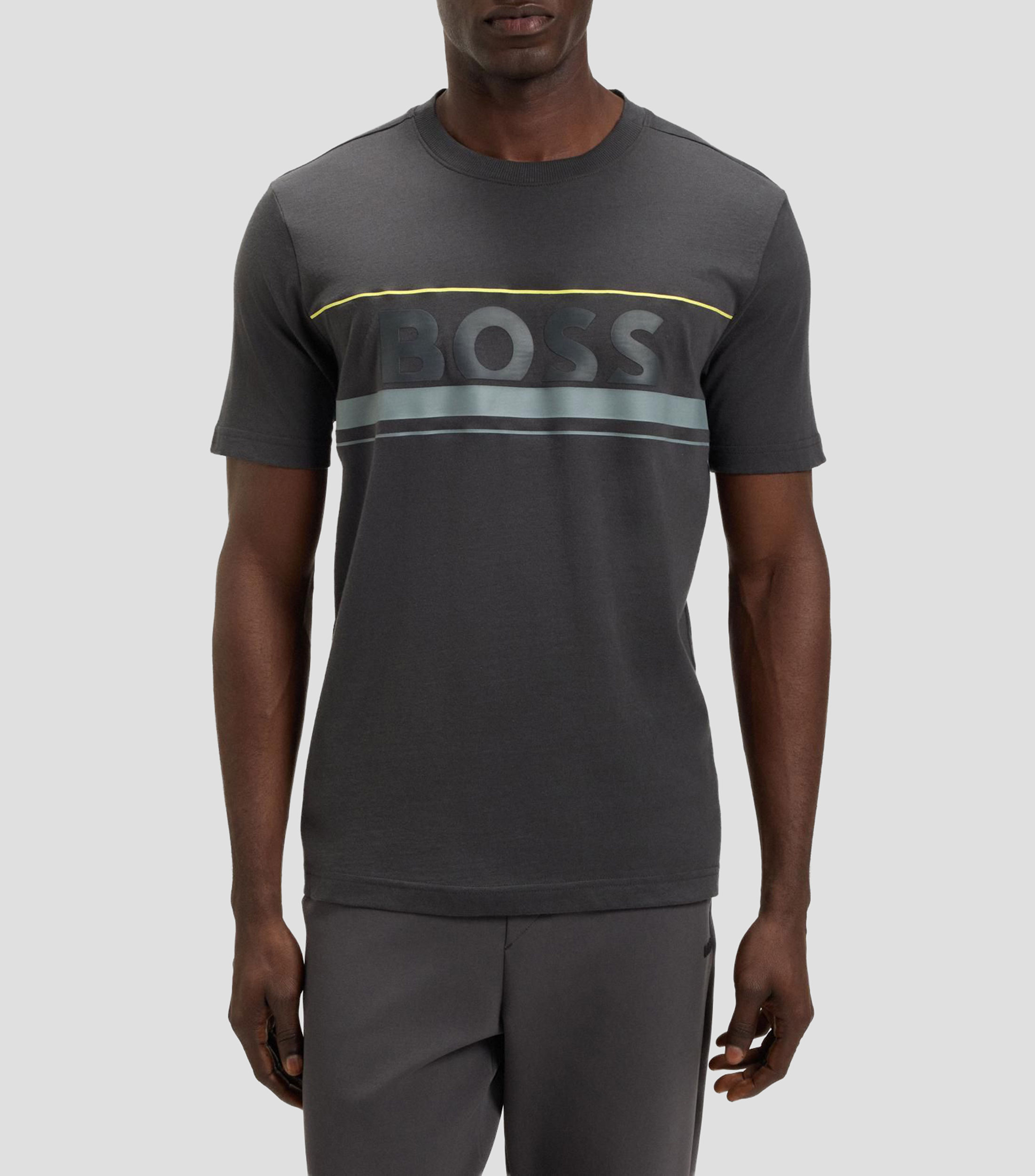 Playera en punto de algodón con rayas y logo Hombre