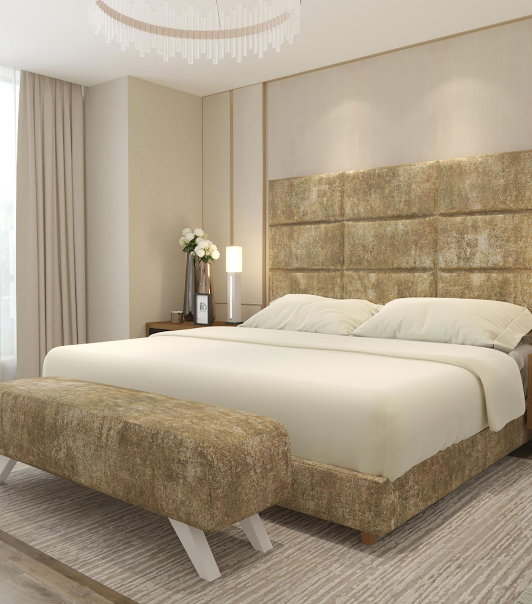 Cama King Size Oxide Suede latte en madera
