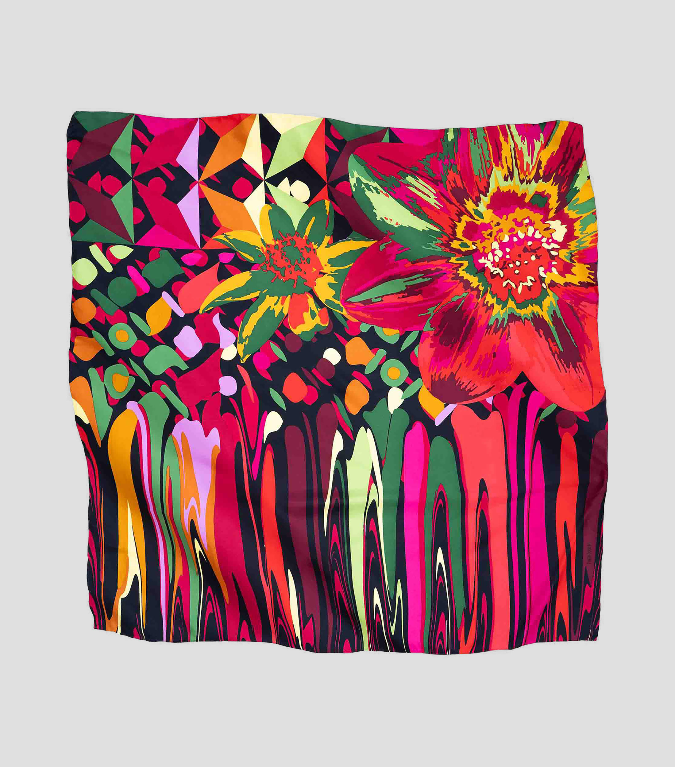 Mascada en seda negro con verde estampada Mujer