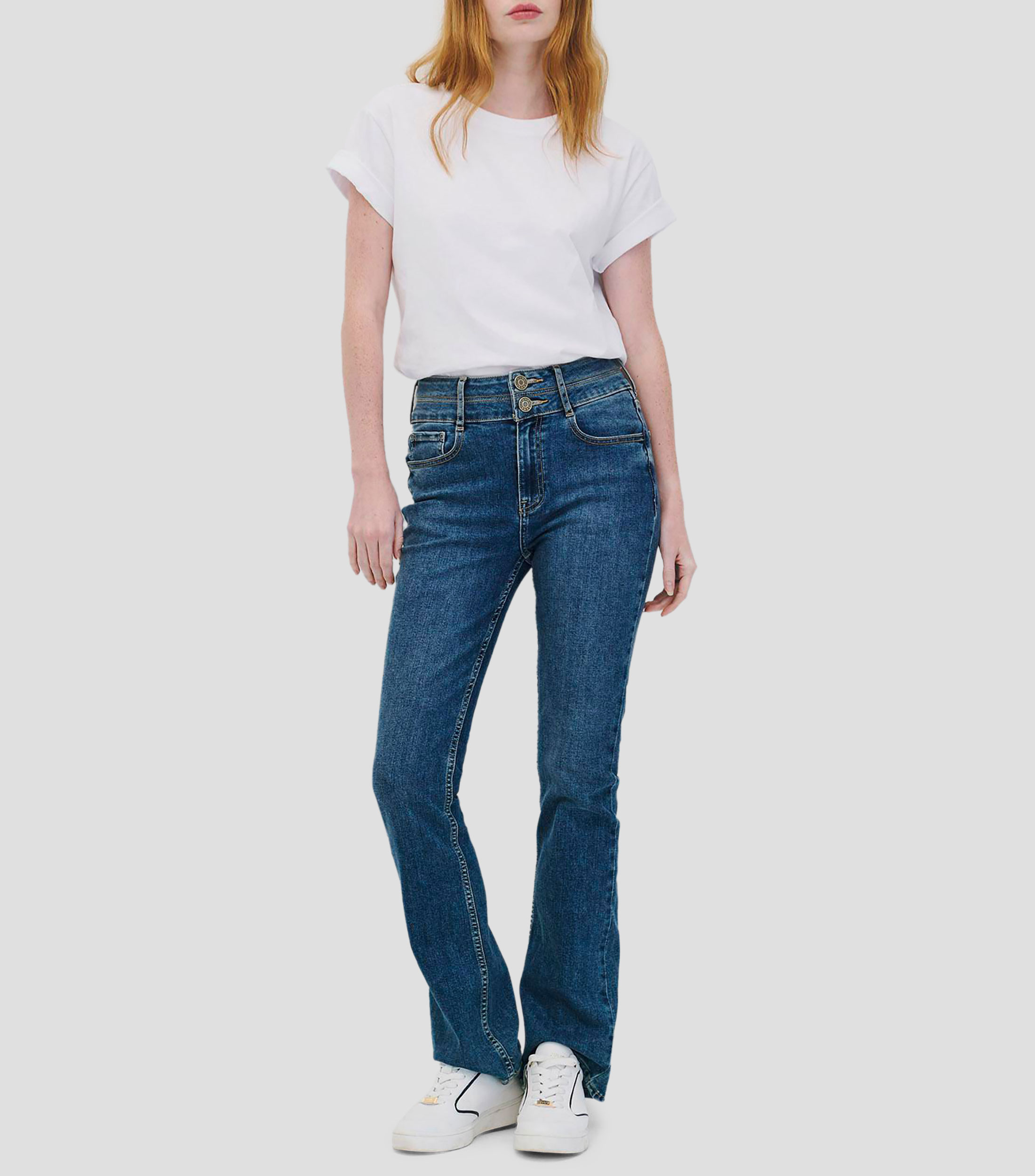 Jeans Acampanados Tiro Alto Azul Medio Pretina Ancha Mujer
