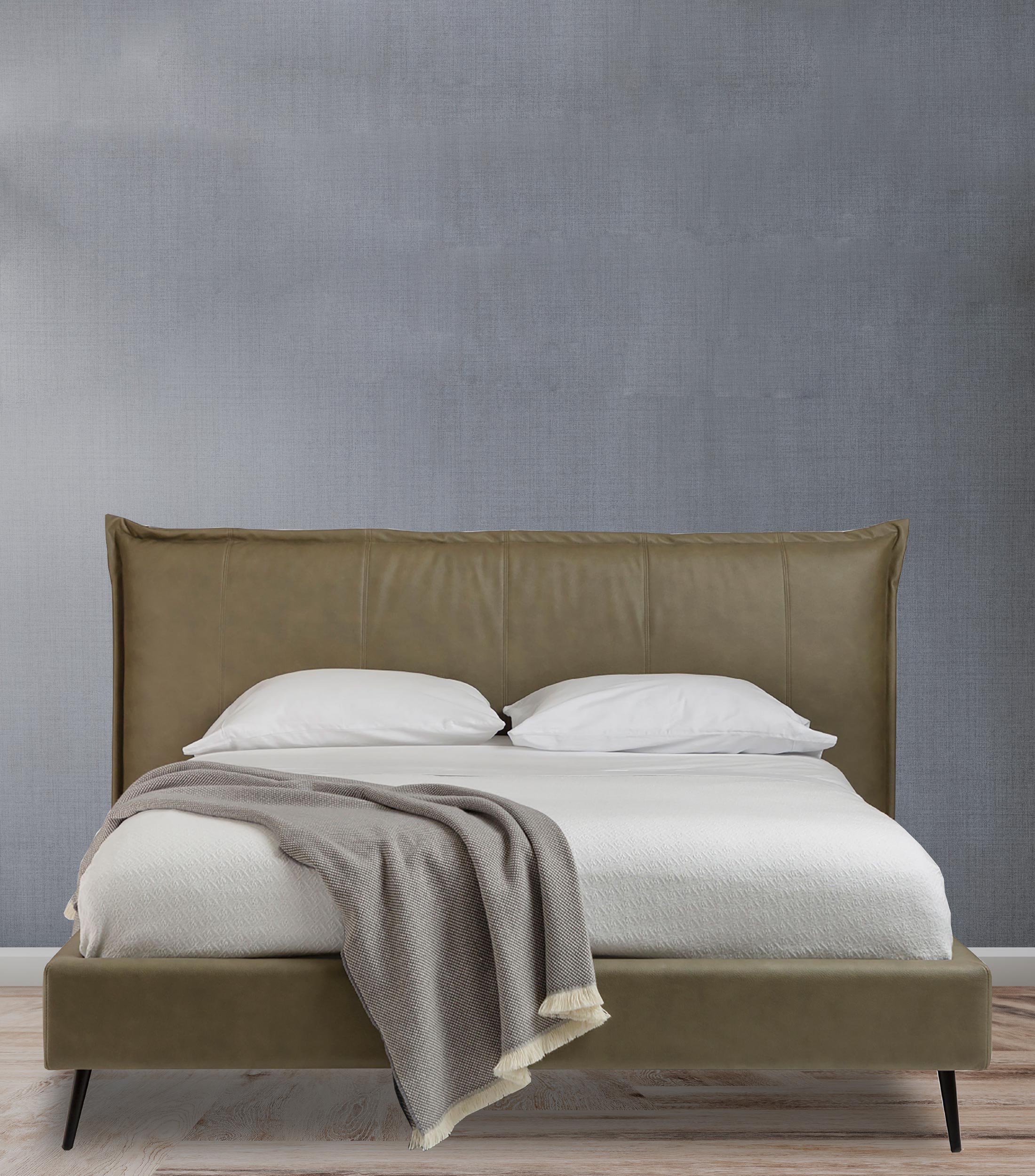 Cama matrimonial Etna en madera y tapiz de tela italiana