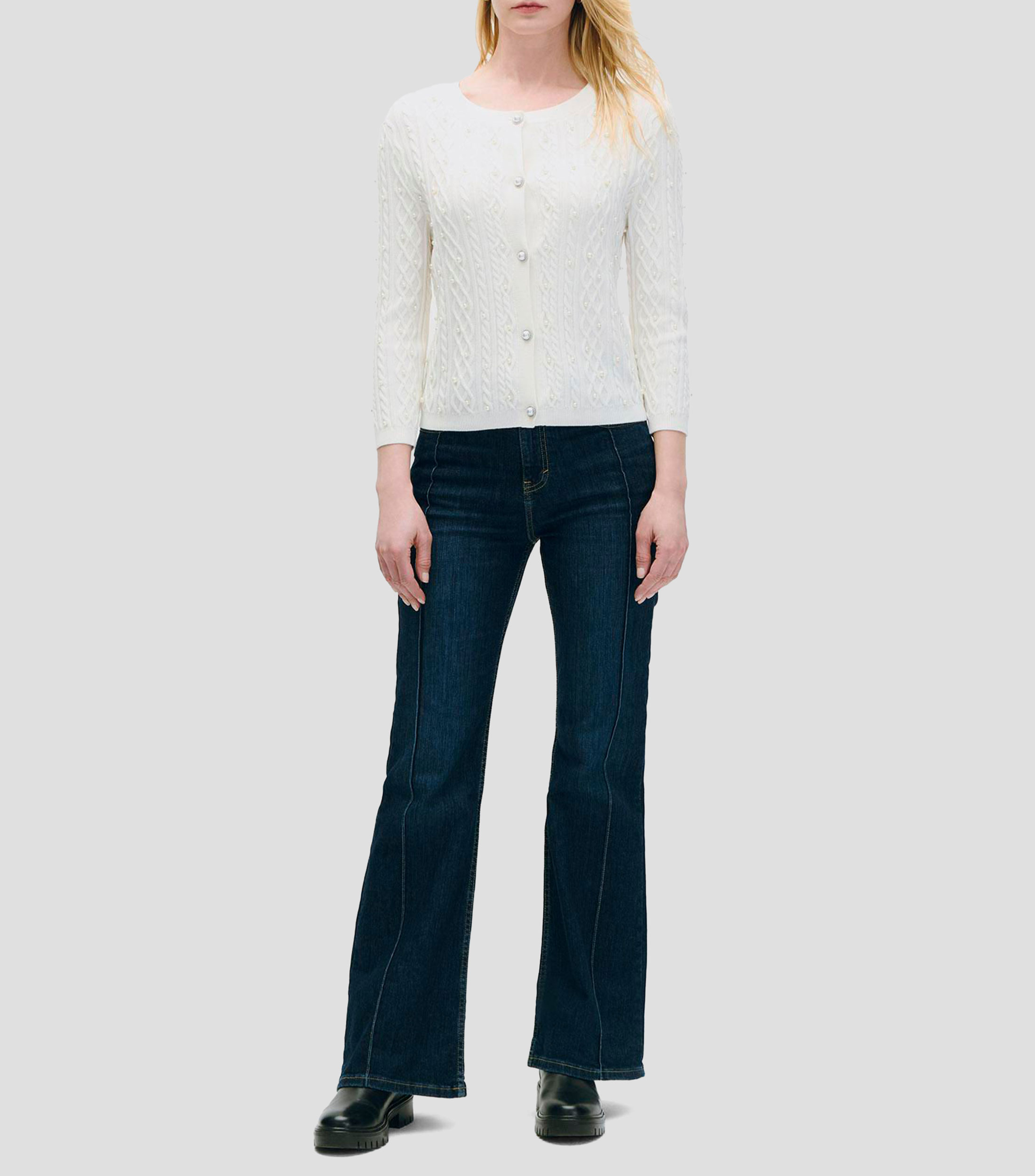 Cárdigan off white tejido combinado trenzado con perlas Mujer