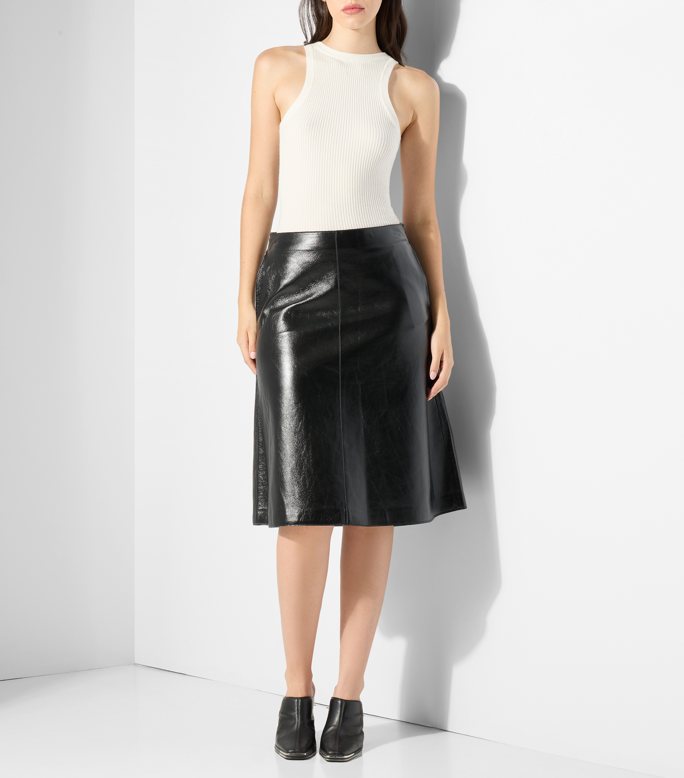 Falda midi en piel de corte A lisa Mujer