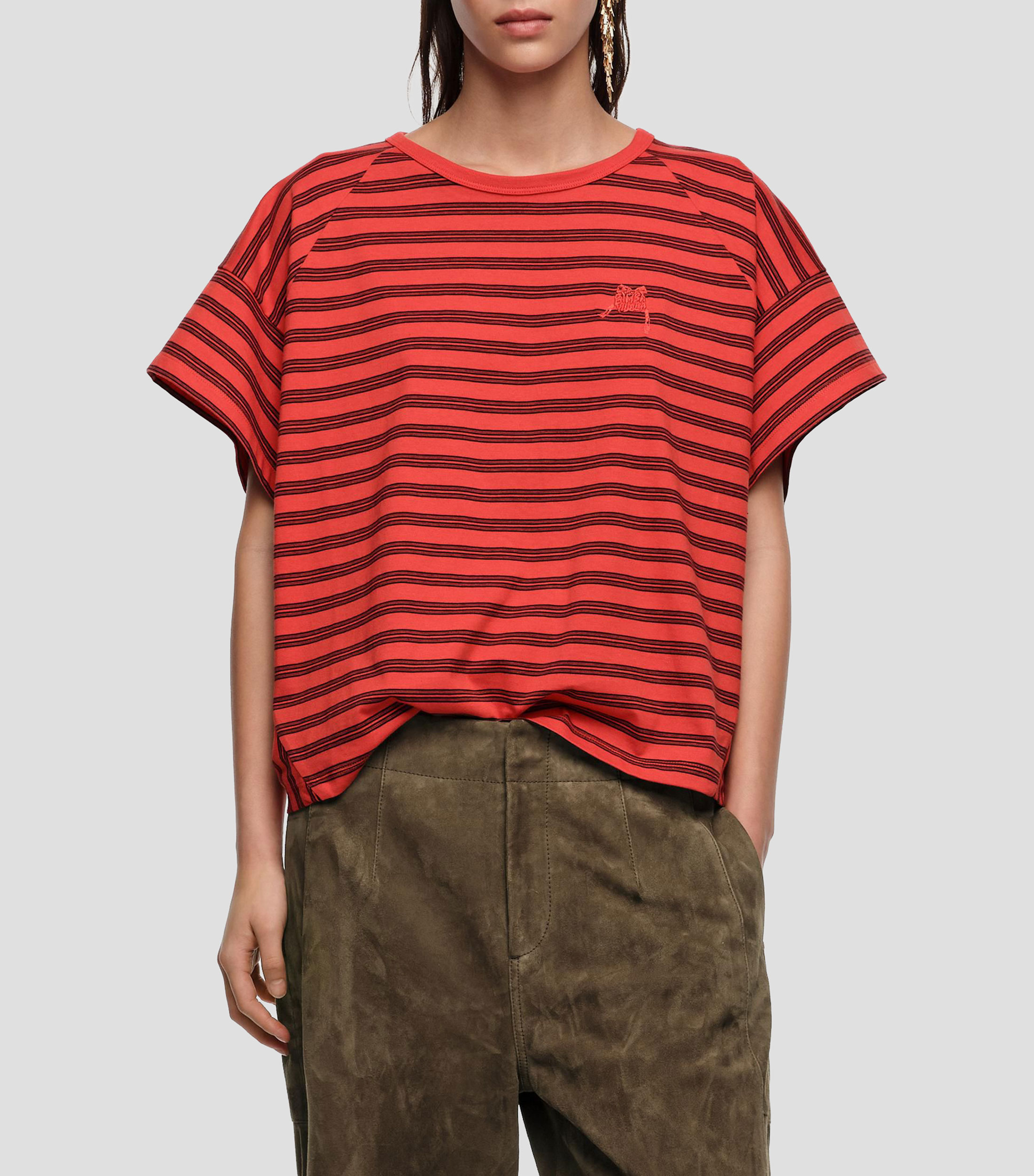 Playera corta logo bordado rayas rojas Mujer