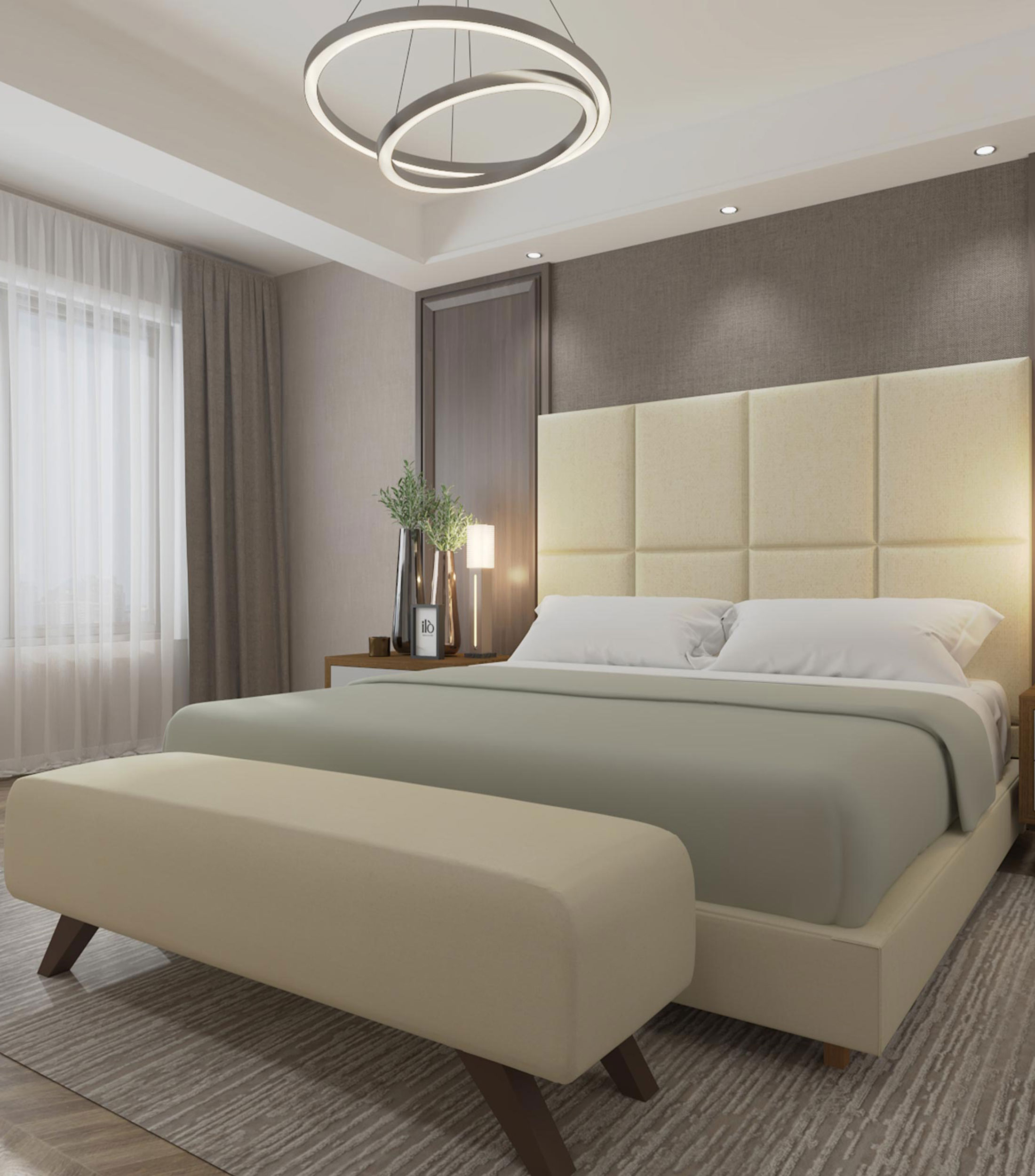 Cama King Size Textured Linen marfil en madera
