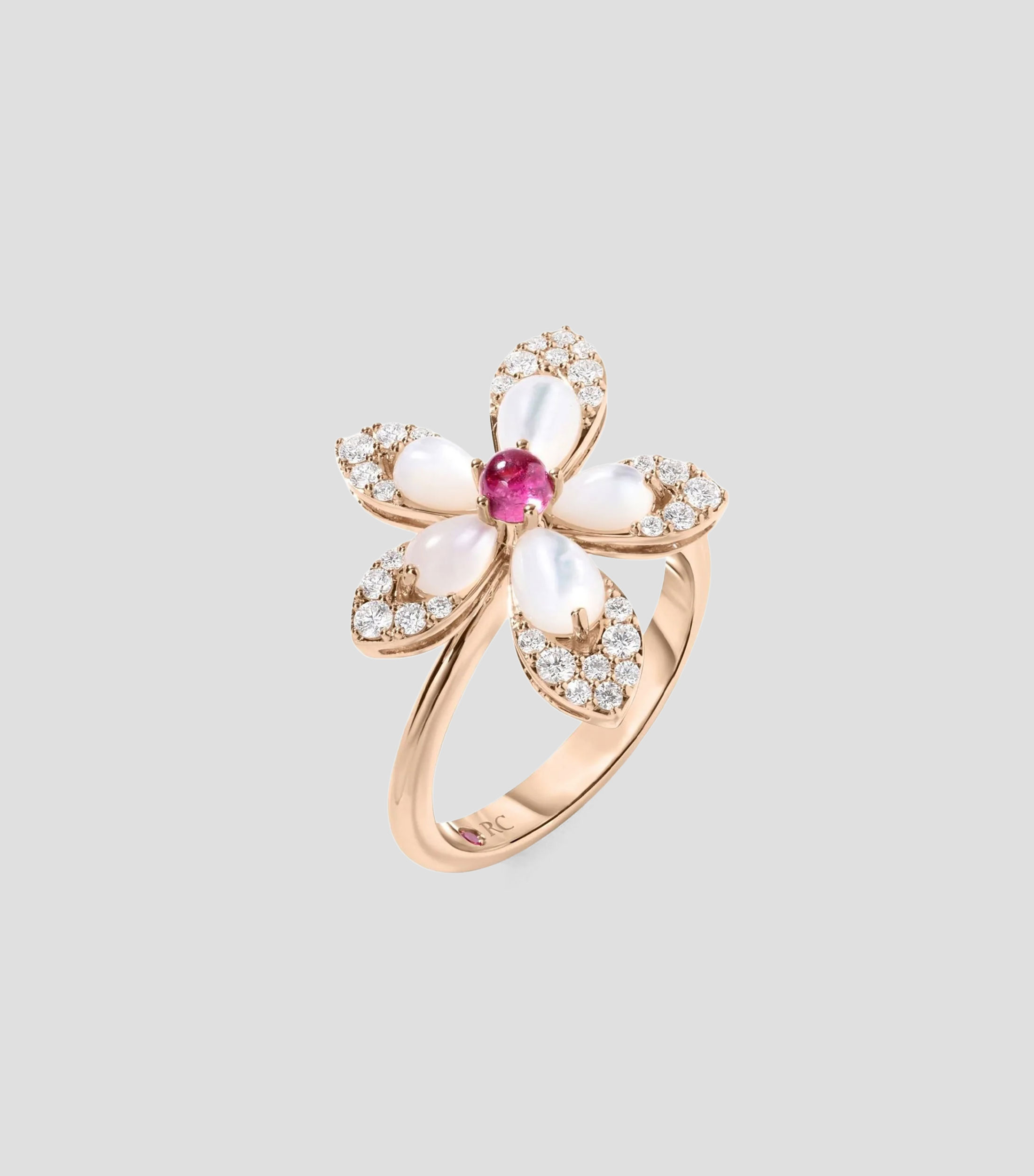 Anillo en Oro amarillo de 18 Kilates Tiaré con diamantes, rubelita y nácar Mujer