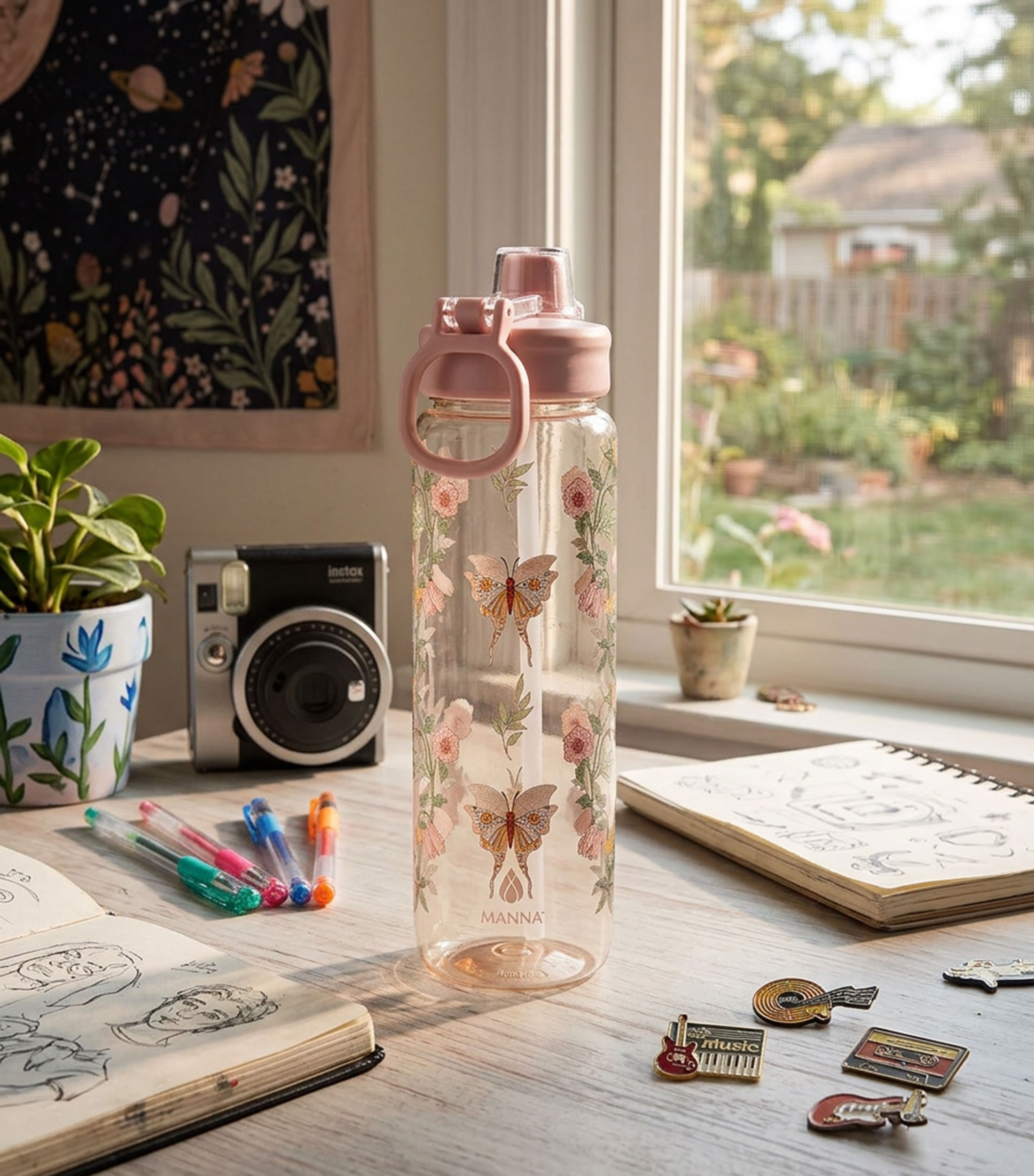 Termo Botella Teen Botanical transparente en plástico con popote, 1.15 L