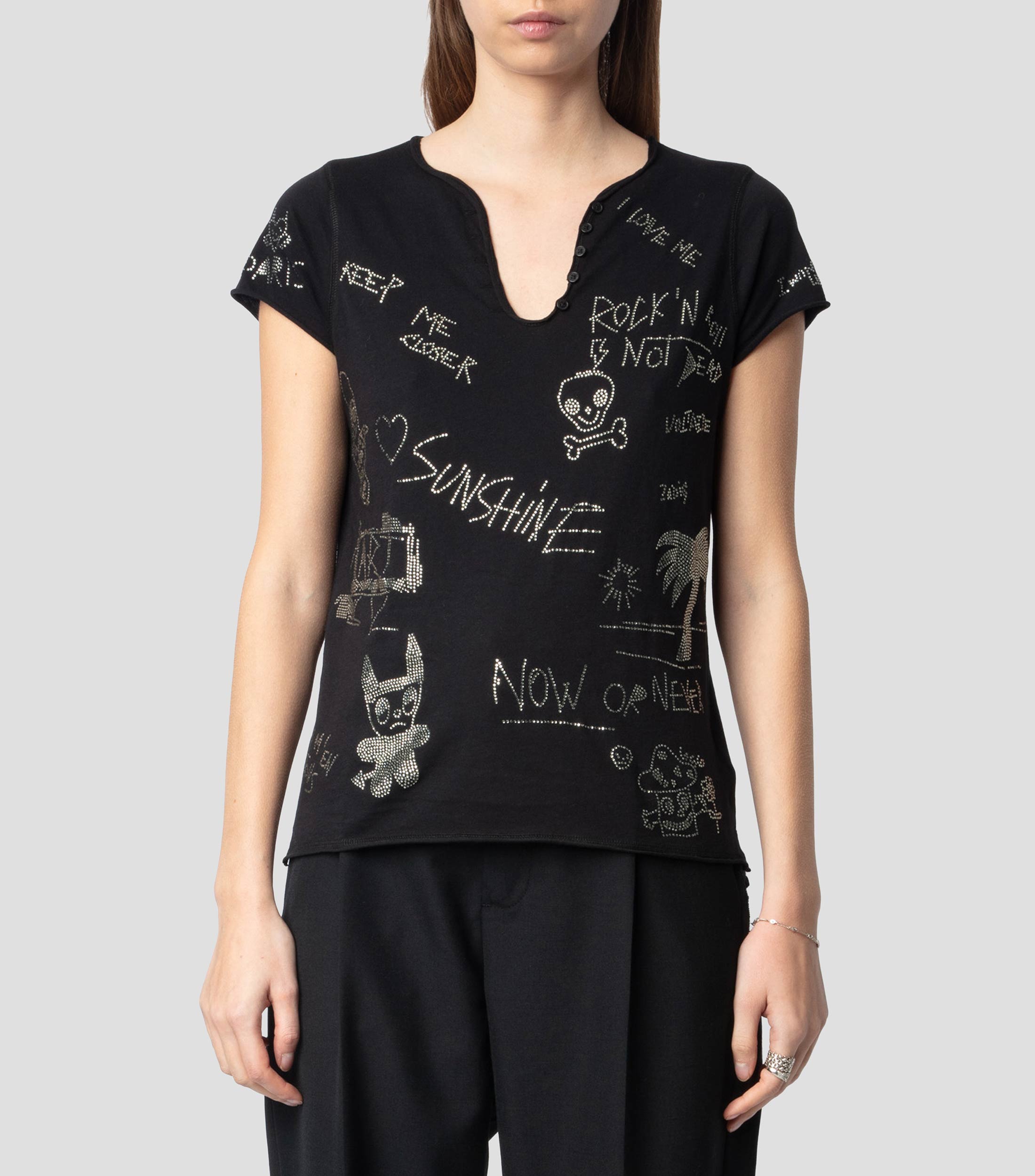 Playera cuello tunecino manga corta con strass Mujer