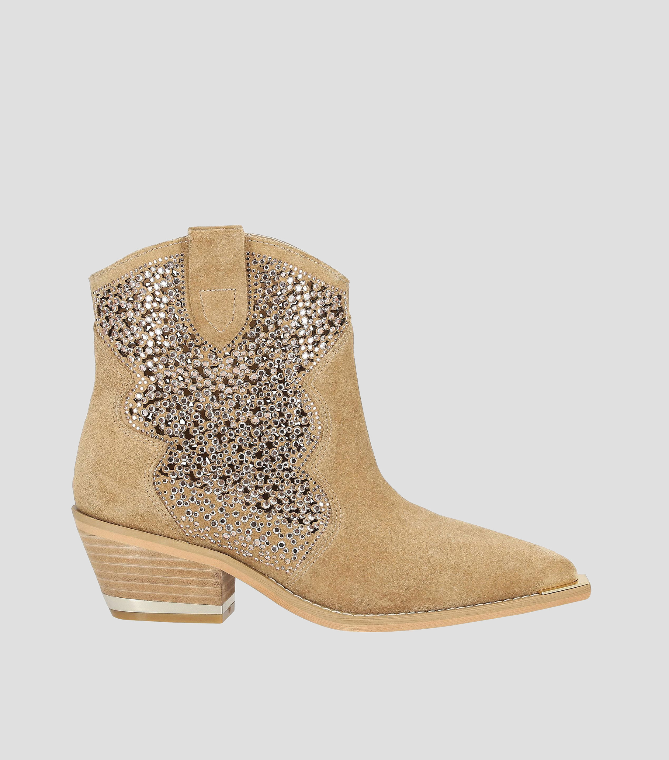 Botines vaqueros de gamuza con tacon medio ancho y pedreria Mujer