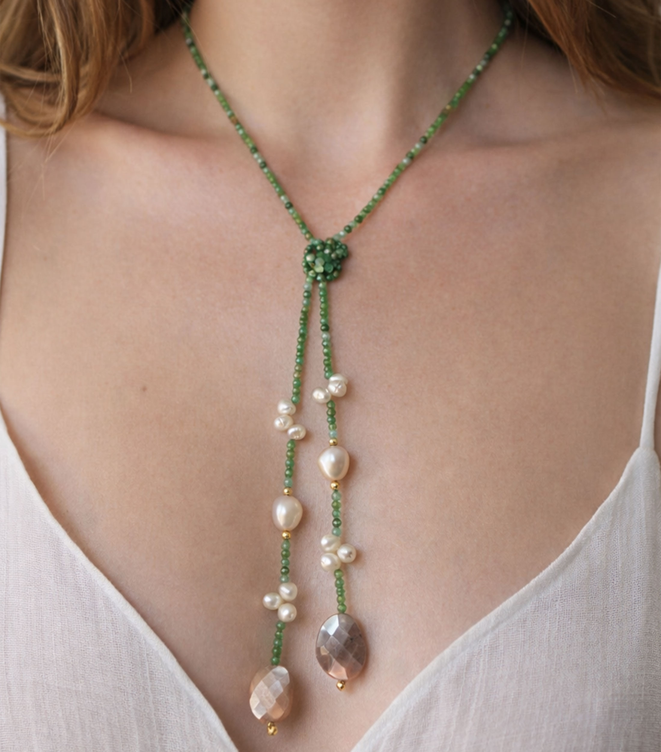 Collar lazo con crisoprasa, perlas y piedra lunar Mujer