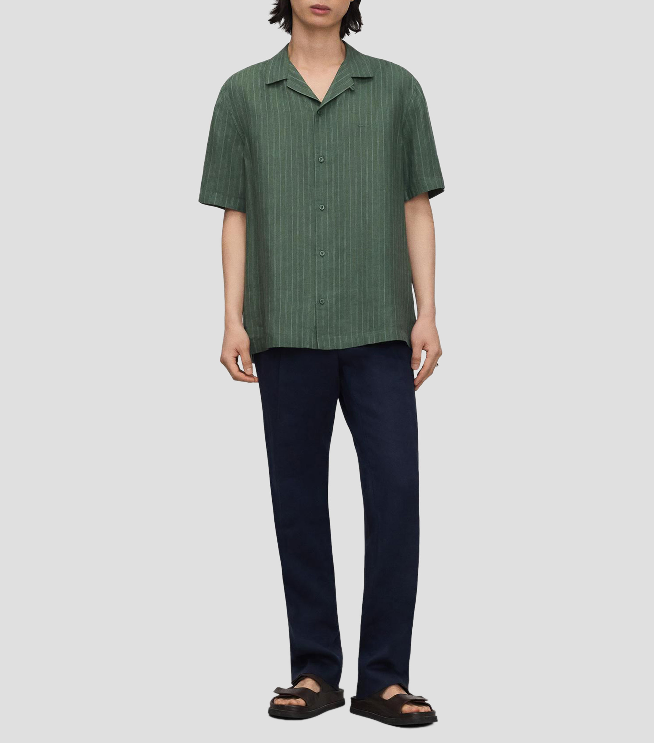 Camisa de rayas en lino con manga corta Hombre