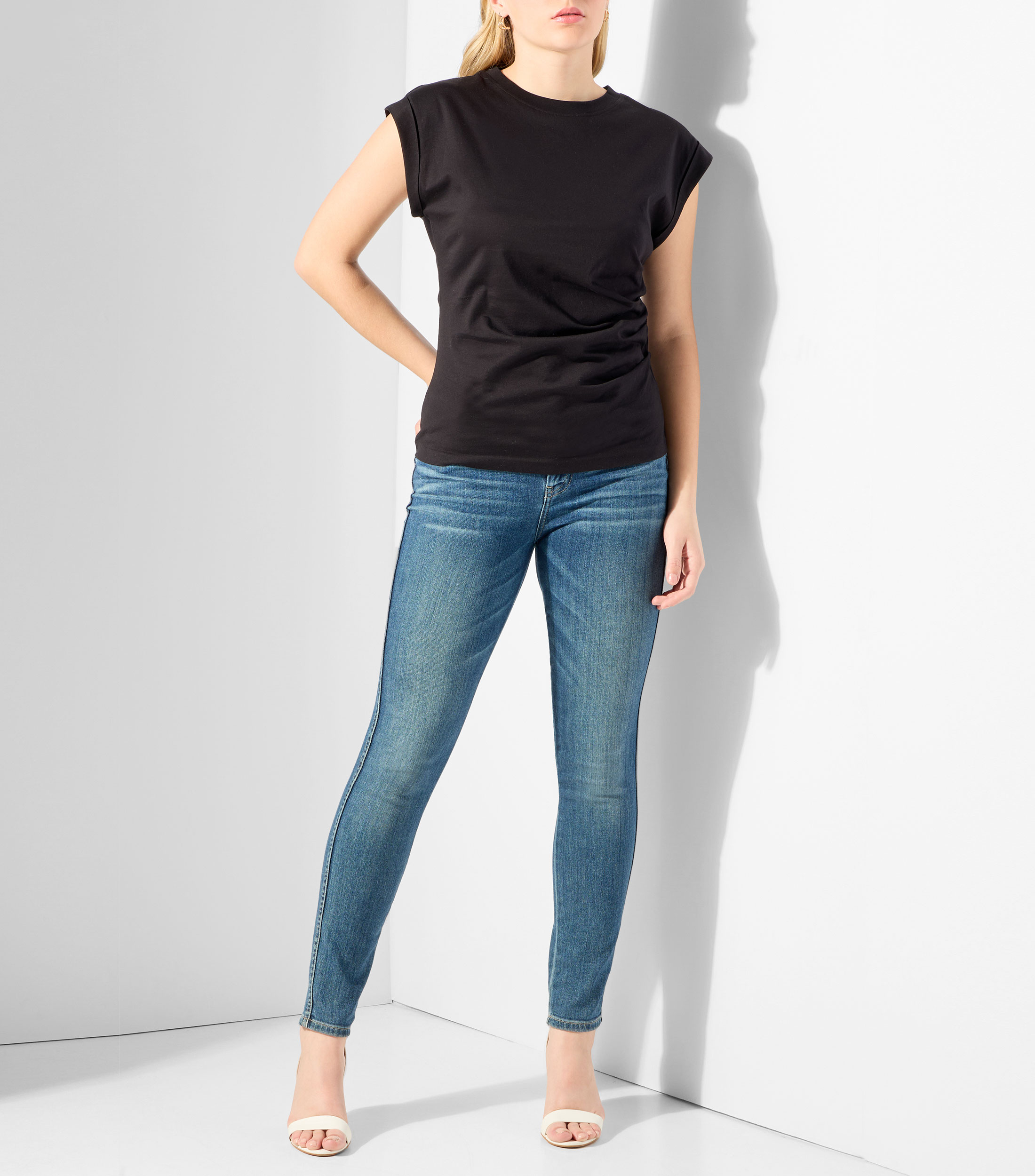 Blusa slim de algodón mercerizado con puños enrollados Mujer