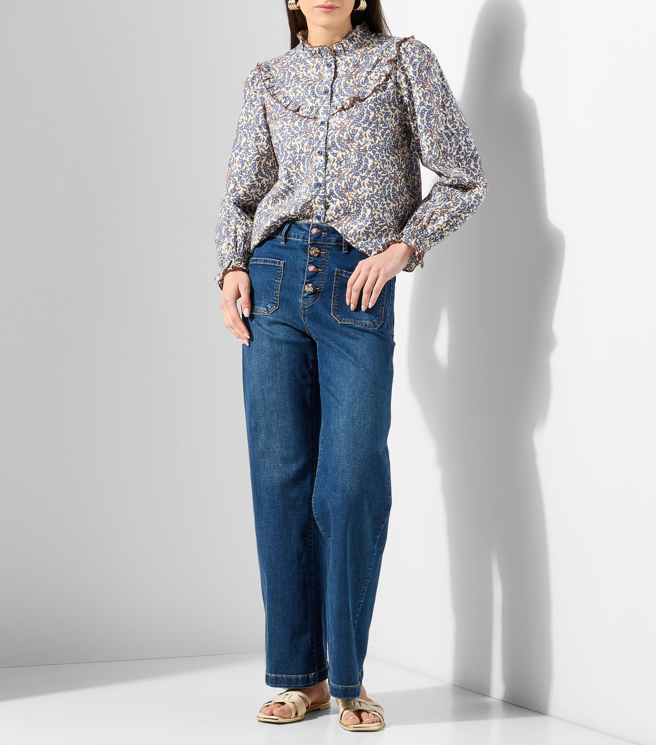 Camisa estampada cuello mao manga larga Mujer