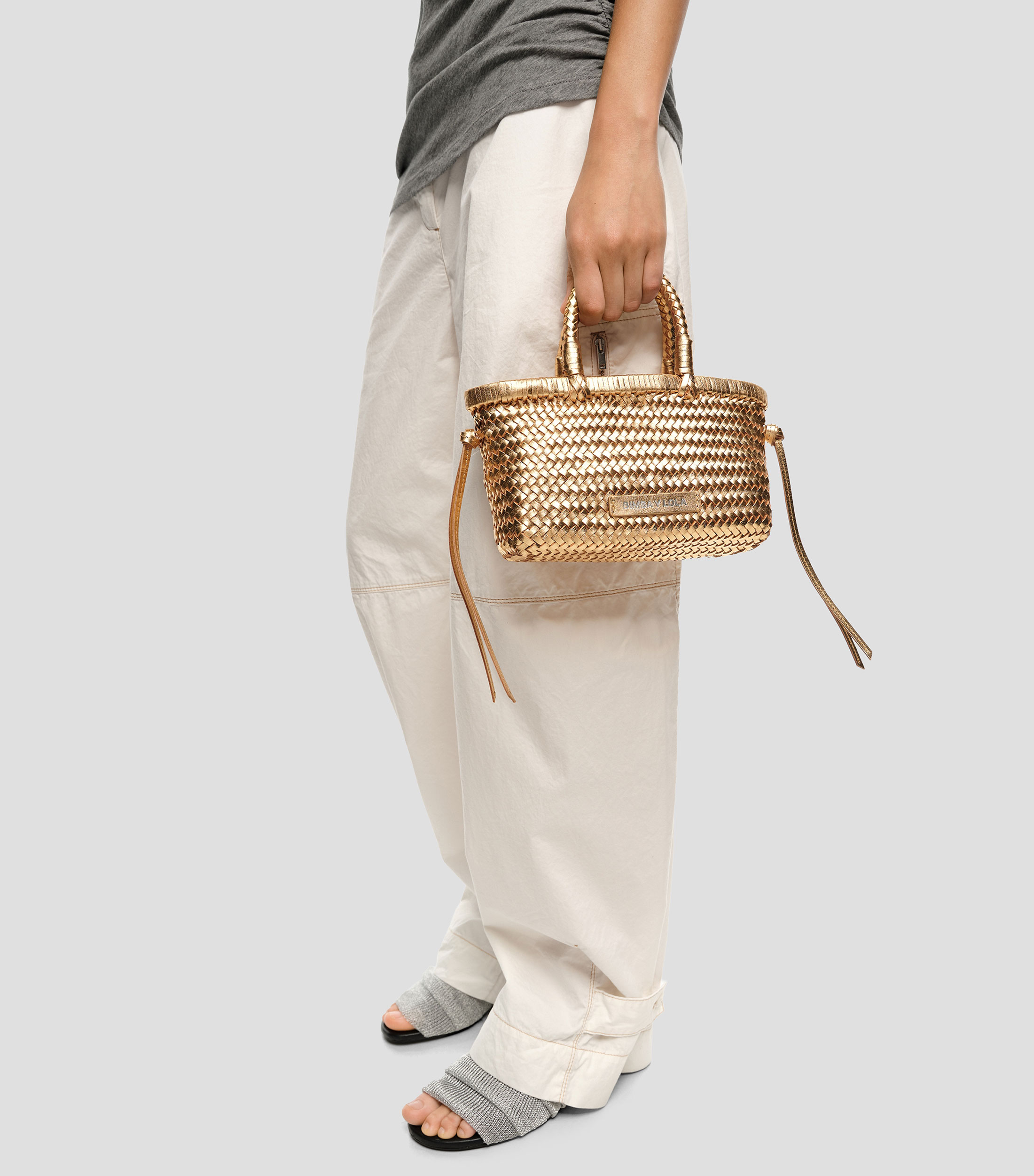 Bolsa mini trenzado piel dorado Mujer